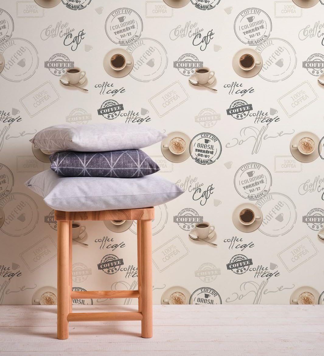 Papier peint vinyle tasses café blanc GAULAN rouleau 10m x 0,53m