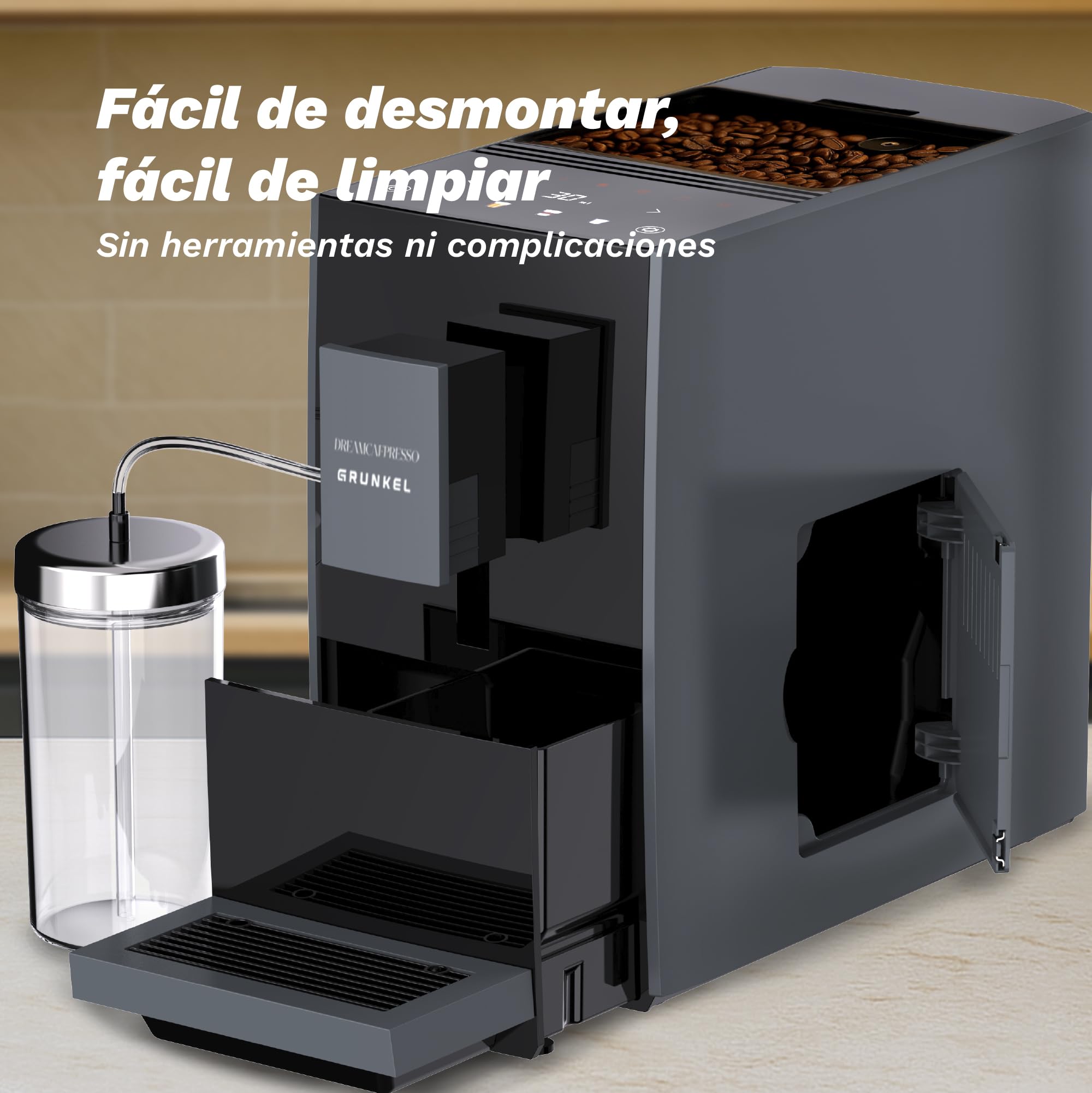Grunkel DREAMCAFPRESSO Super automatyczny ekspres do kawy, 1,2 l, 5 napojów, ekran dotykowy, automatyczny spieniacz i podgrzewacz do mleka, zdejmowany młynek, 20 bar