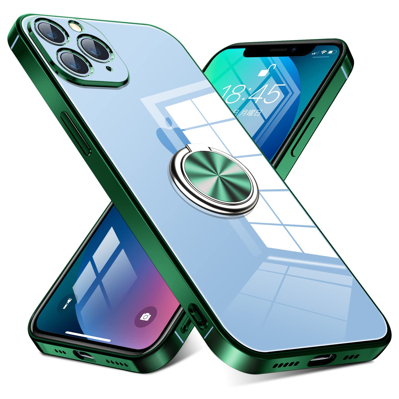 iPhone 11 Pro Max 用 ケース リング付き クリア 耐衝撃 スタンド機能 透明 TPU 車載ホルダー対応 落下防止 防塵 薄型 軽量 一体型 変形防止 全面保護カバー アイフォン 11 プロ マックス 用 ケース シアン W-YXZH-011-08