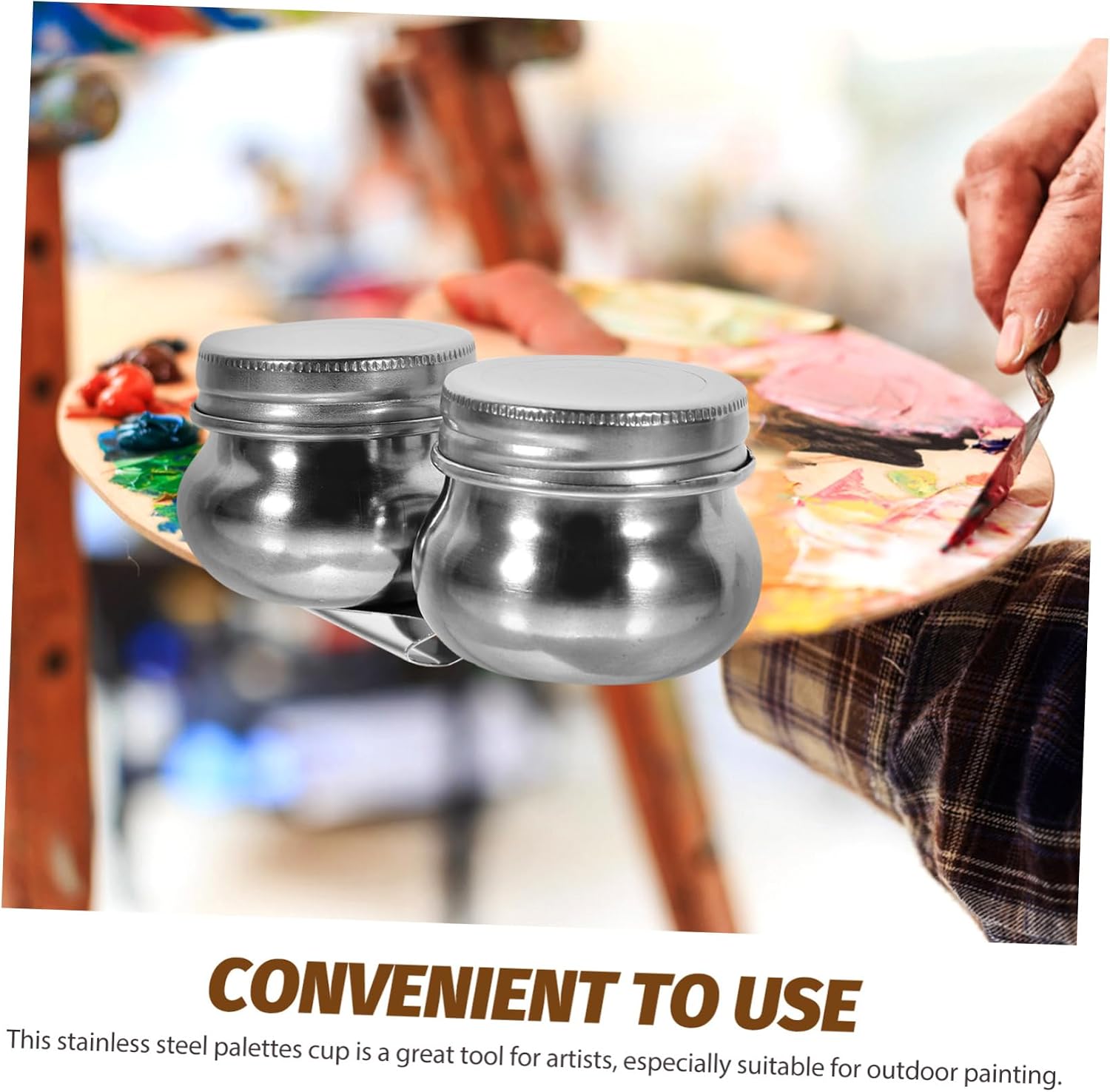 2pcs Stainless Steel Palette Cup Dipper for Oil Painting Leakproof Paint Mixing Cup Lid for Watercolor and Cleaning
