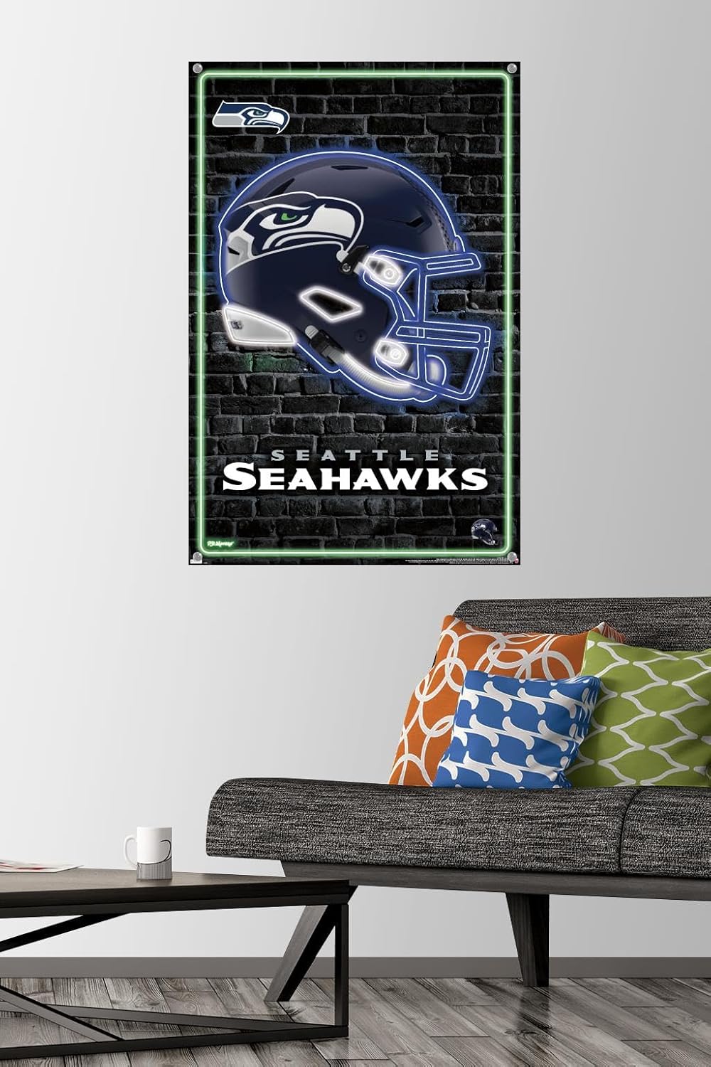 Trends International NFL Seattle Seahawks - Neon Helmet 23 Wall Poster, 22.37" x 34.00", Premium Poster & Push Pin Bundle