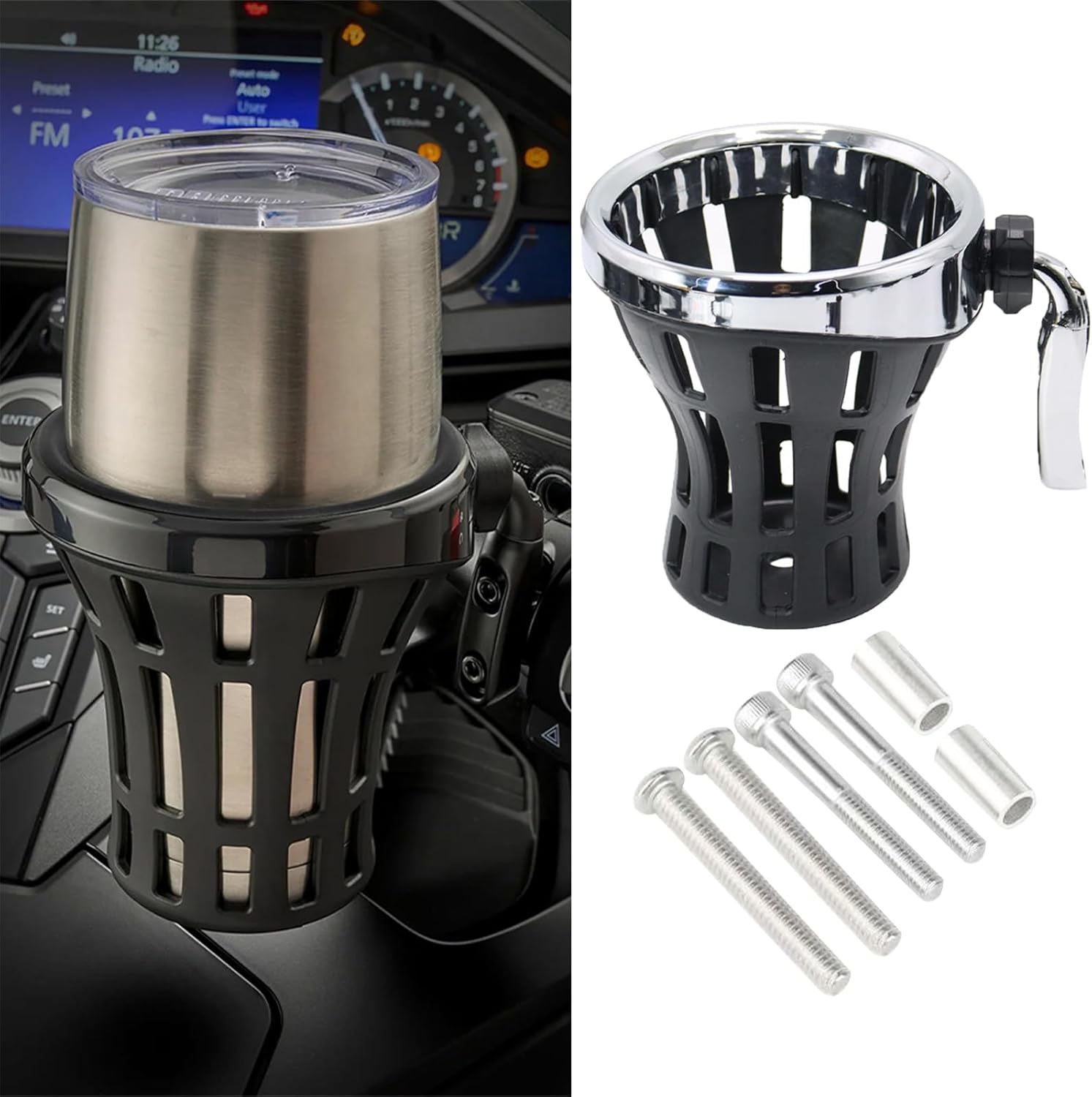 Motorcycle Drink Cup Holders Handlebar Mount with Mesh Basket for Yamaha Kawasaki Suzuki Indian Honda GL1800 GL1500 F6B Universal Water Bottle Holder for Gold Wing (Chrome)
