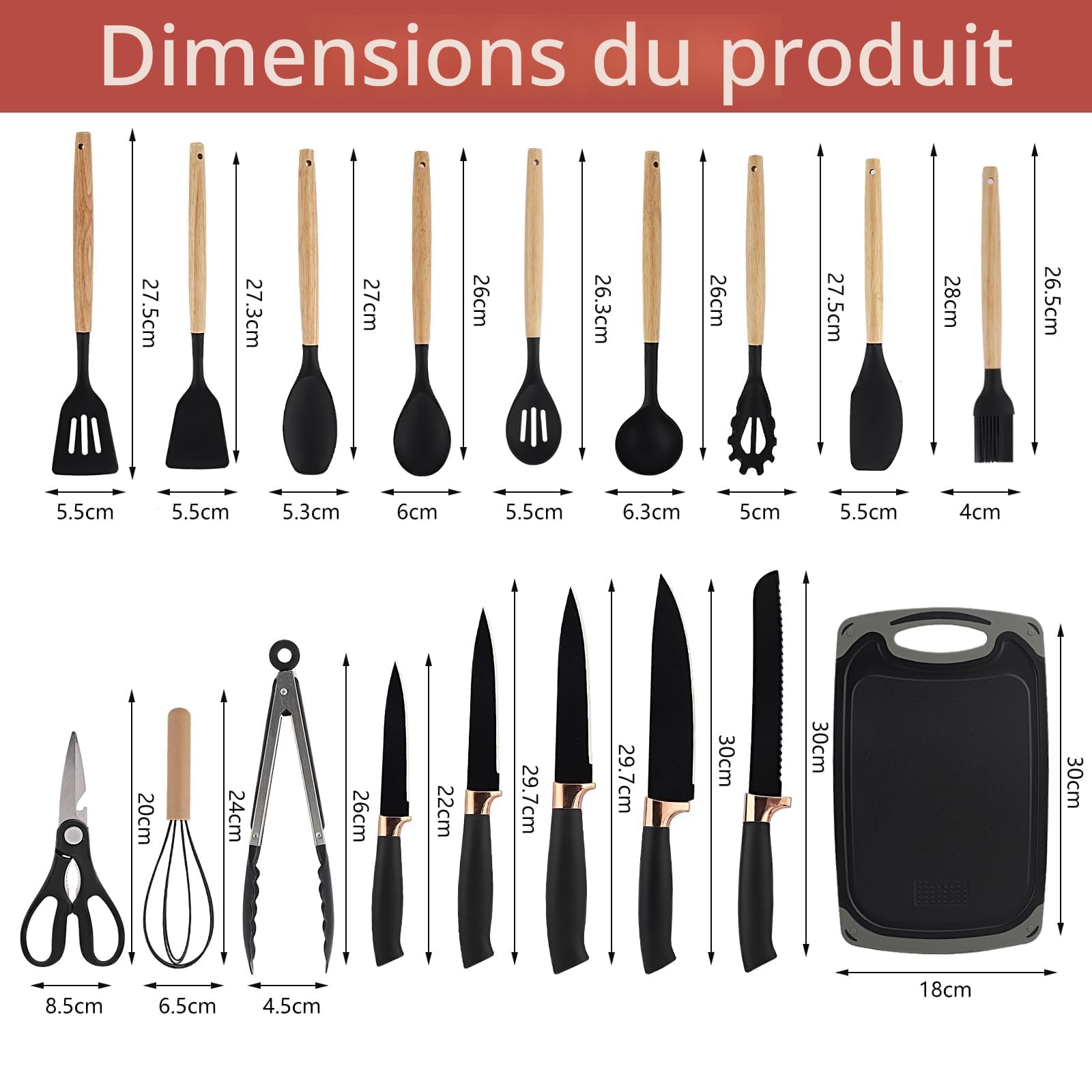 Set Couteaux de Cuisine 19 pièces avec ustensiles de cuisine en silicone 5 couteaux 12 accessoires antiadhésifs 1 paire de ciseaux planche à découper et support pour cuisson sans stick (Noir)