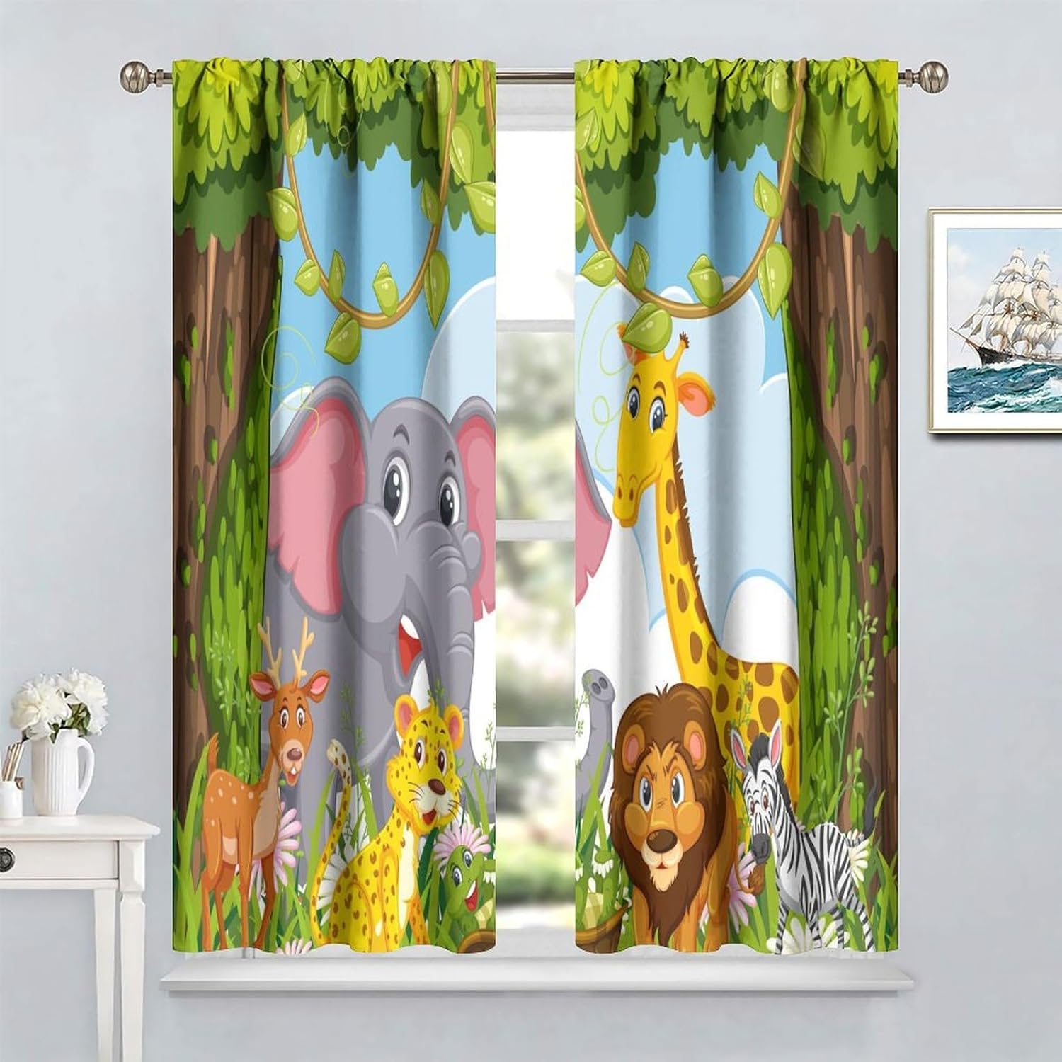 Cartoon Animal Curtains Green Bamboo Forest Jungle Safari Animal Blackout Curtains for Kids Bedroom Window Treatments Thermal Insulated Drapes, 42x45 inch