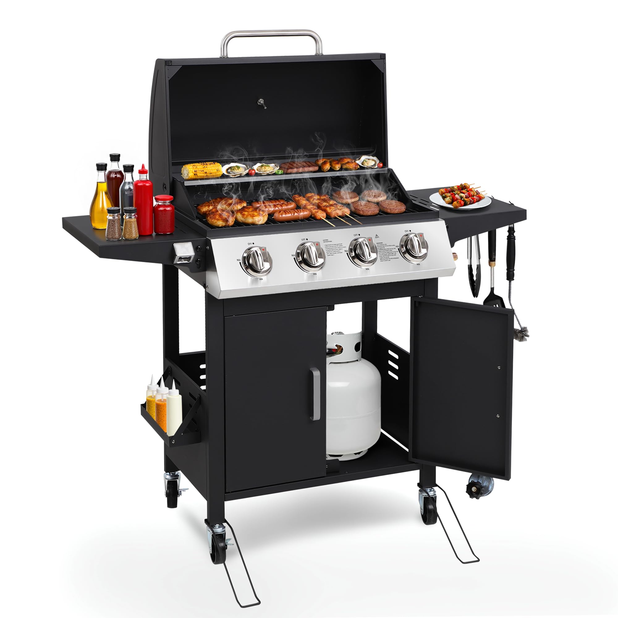 HUGROVE 4-burner propane gas grill on wheels with folding side tables