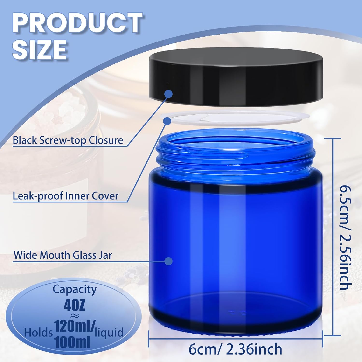 UPBUD 4 oz Blue Glass Jars with Lids - 32 Pack Cosmetic Containers with Inner Liners, Wide-Round Smooth Mouth, Sealable for Creams, Lotions, Essential Oils, Body Butter, Travel Samples