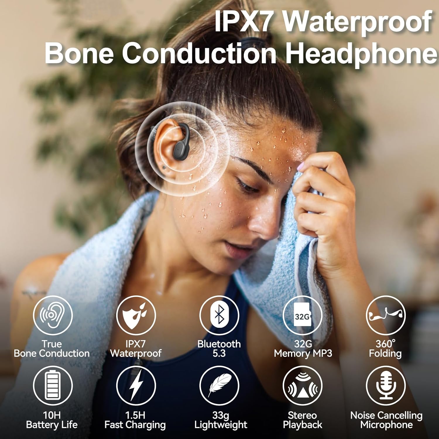 Person wearing bone conduction headphones with feature icons