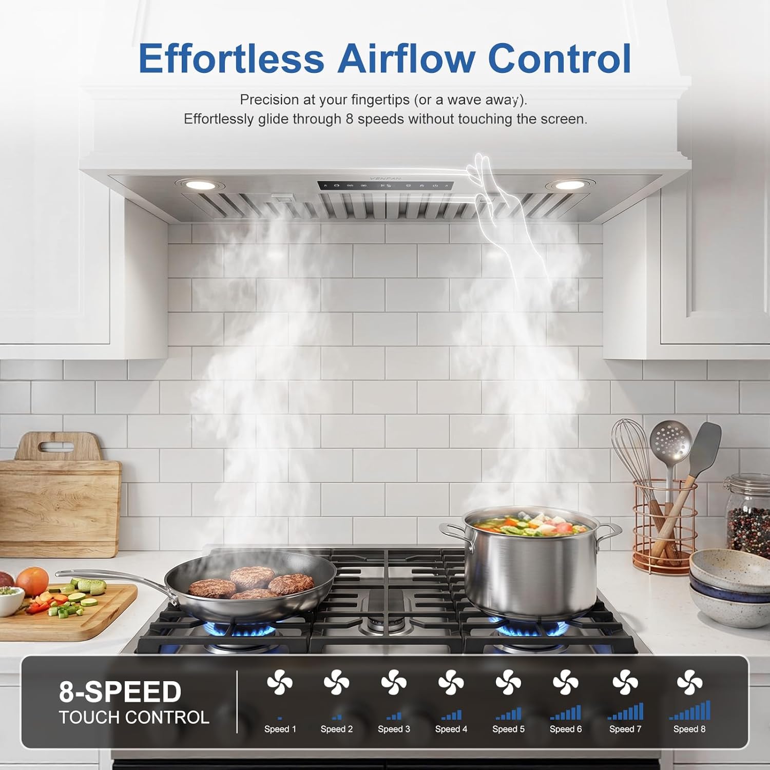 30 Inch Insert Range Hood, 1200 CFM Powerful Suction Under Cabinet Vent Hood, 8-Speed Exhaust Fan with Gesture Sensing & Touch Control, 60dB Quiet Operation, Ducted/Ductless Convertible