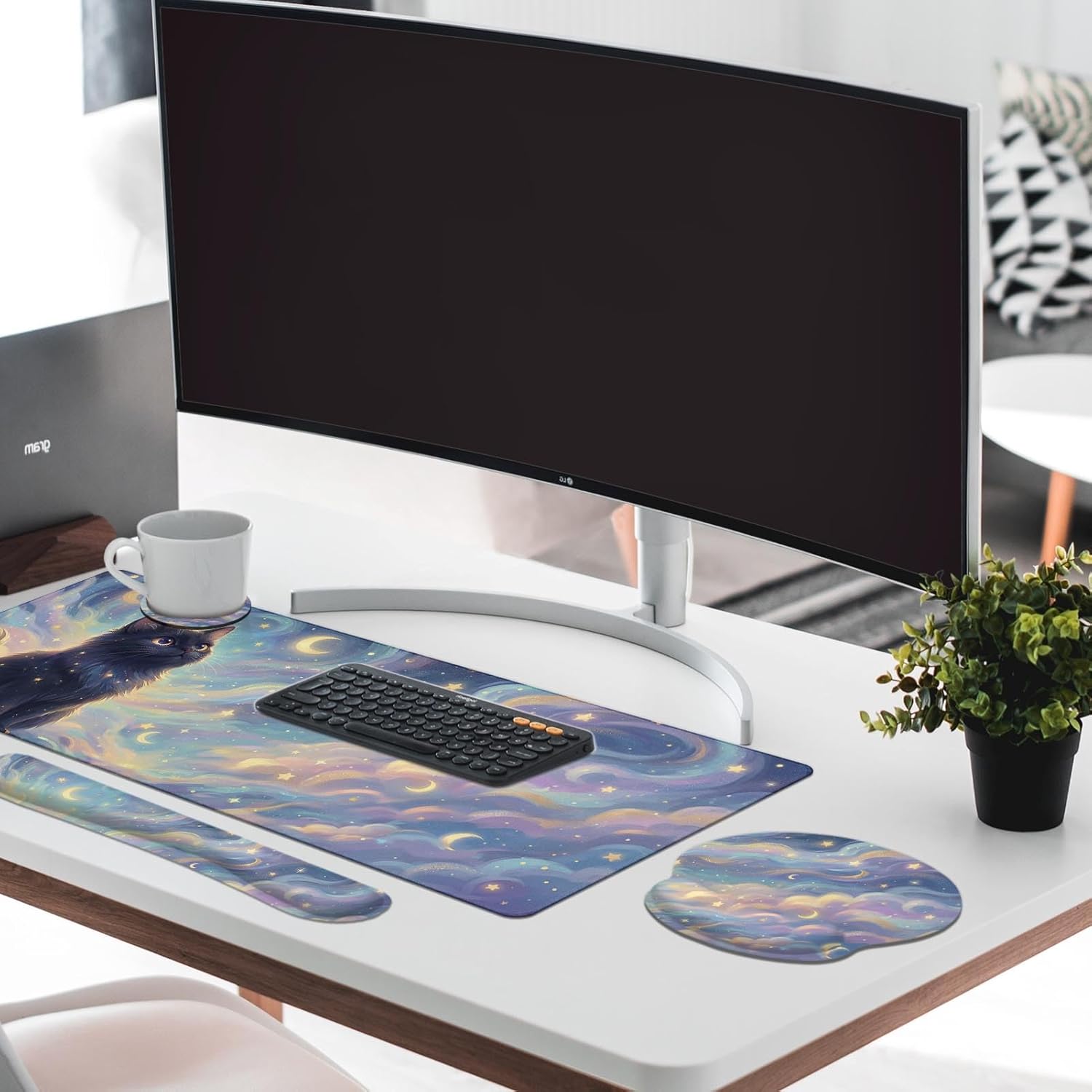 Britimes Starry Clouds Keyboard Mouse Pad Set Whimsical Cat 4in1 Large Mousepad+Keyboard Wrist Rest+Mouse Wrist Rest+Coaster Ergonomic Design for Home Office Computer 35.4x15.7 inches