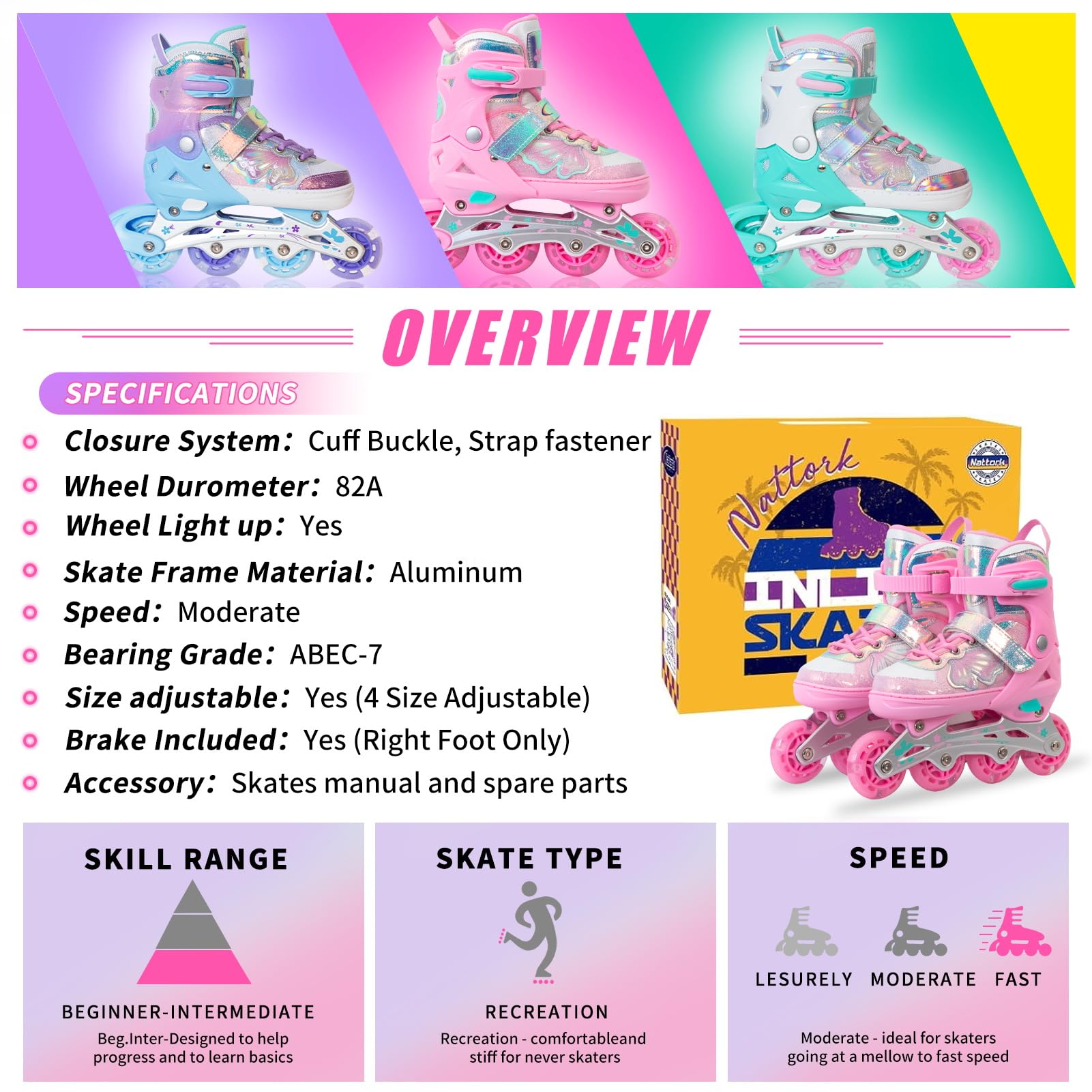 Nattork Patins à roues alignées pour filles et garçons – Lames rose cyan pour enfants de 8, 9, 10, 11 ans – Toutes roues lumineuses réglables pour sports d'intérieur et d'extérieur, cadeau