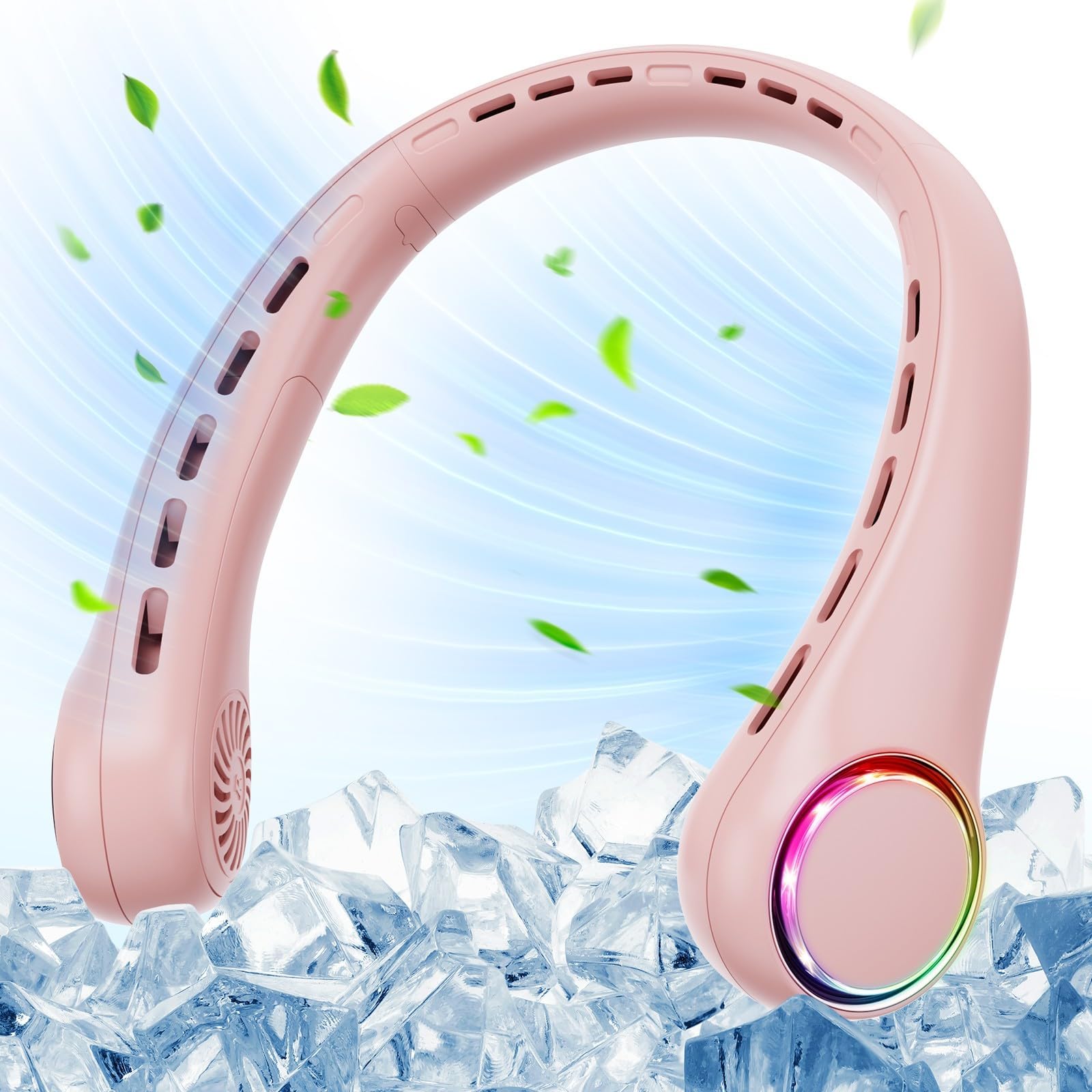 WOWGONeck Fan - Portable Fan with LED Light, Super Quiet Wearable Personal Fan, Summer Essentials & Must Haves Travel Fan for Home Office Travel Beach, Gifts for Men Women Pink