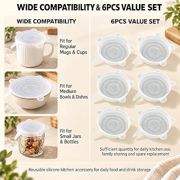 6 Pcs Silicone Stretch Lids,Reusable Food Covers, Microwave, Freezer, and Dishwasher Safe (9.5cm)