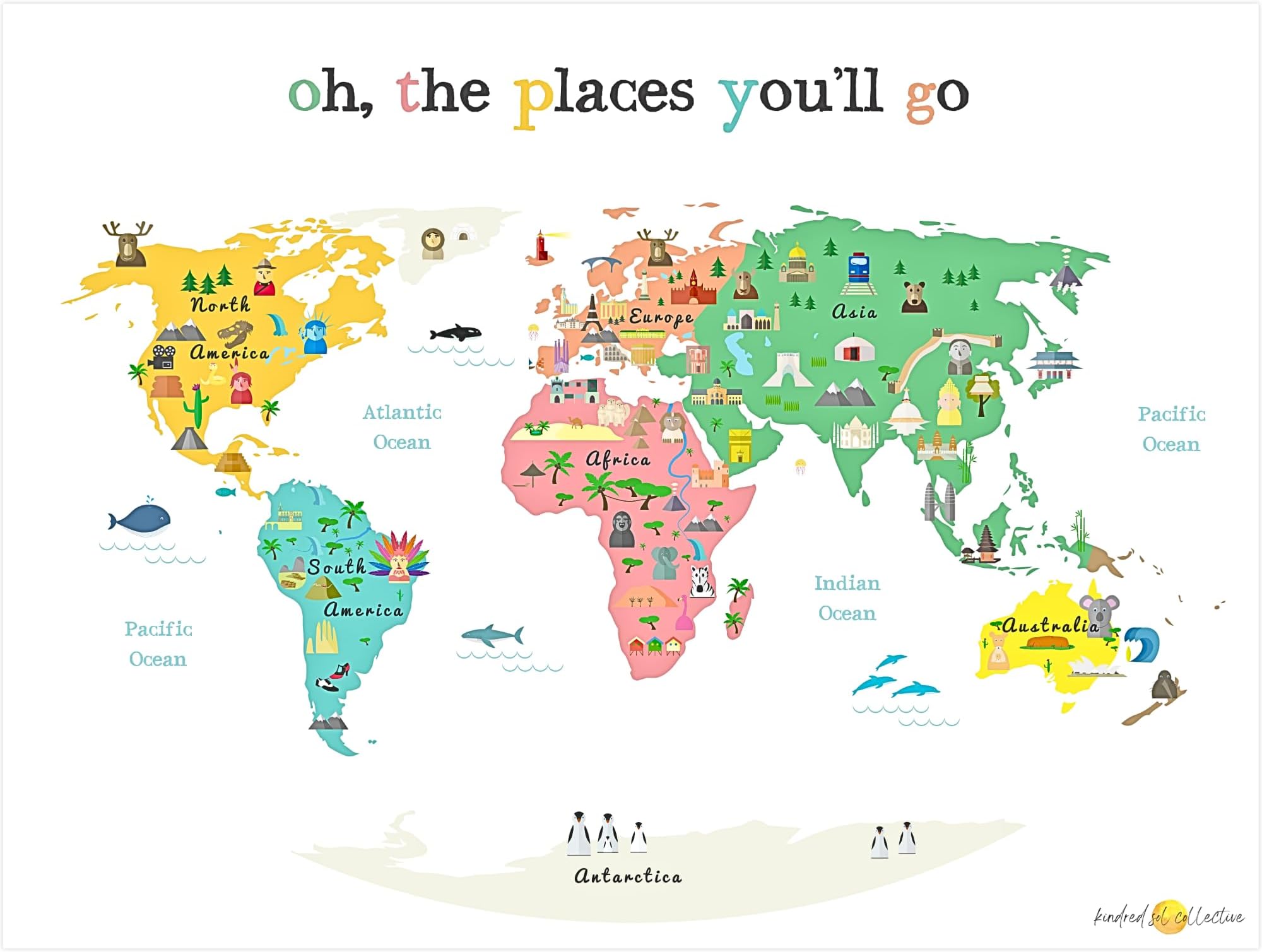 World Map for Kids Poster (24x17) – Educational Kids World Map with Animals & Landmarks, Nursery Wall Decor, Playroom & Classroom Learning Map