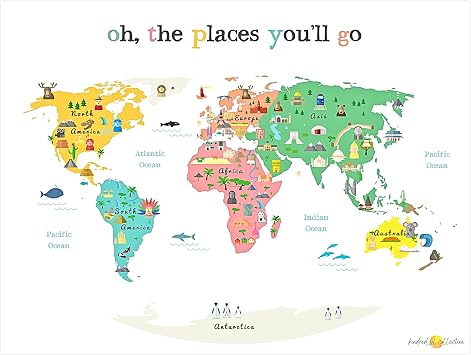 World Map for Kids Poster Educational Wall Art with Animals & Landmarks