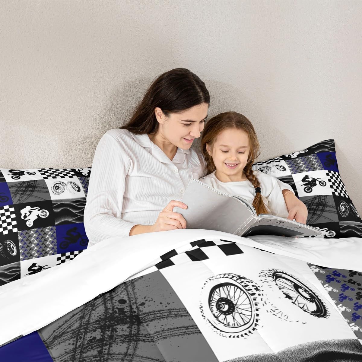 Dirt Bike Comforter Set, Motocross Rider Bedding Comforter Sets Twin, Motorcycle Grunge Down Comforter For Kids Boys Adult Men, Motorbike Extreme Sport Game Comforter, Buffalo Plaid, Blue Grey Black - Image 5