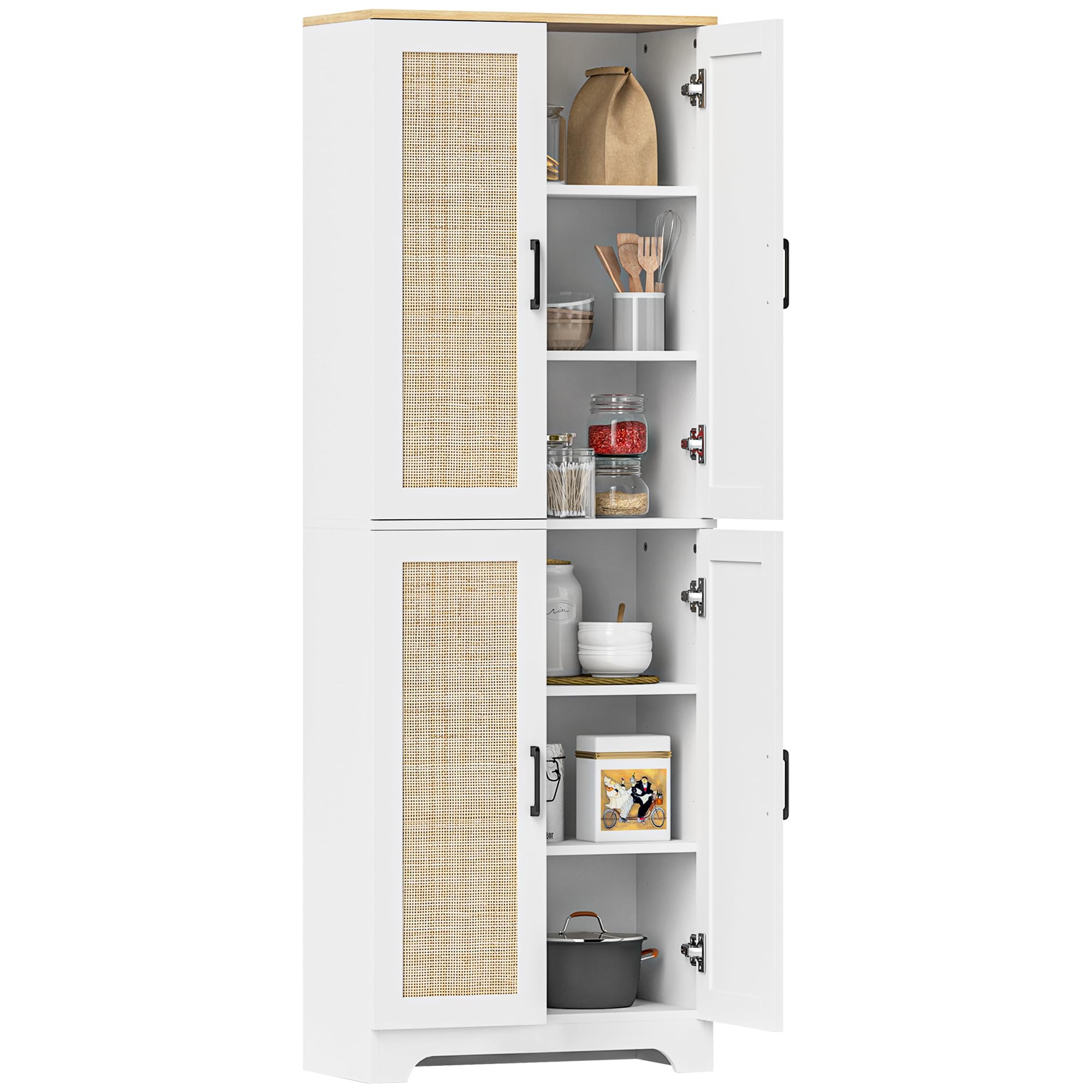 HOMCOM Alacena de Cocina con Estantes Ajustables 60x30x170 cm Blanco | Aparador de Cocina, Puertas de Ratán, Sistema Antivuelco