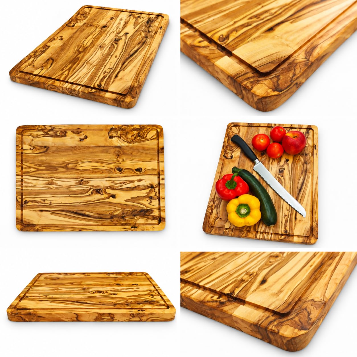 Deska do krojenia z drewna oliwkowego 40 x 30 x 2 cm – deska z litego drewna z rowkiem na sok – deska do serwowania, krojenie i deska do krojenia – dwustronna
