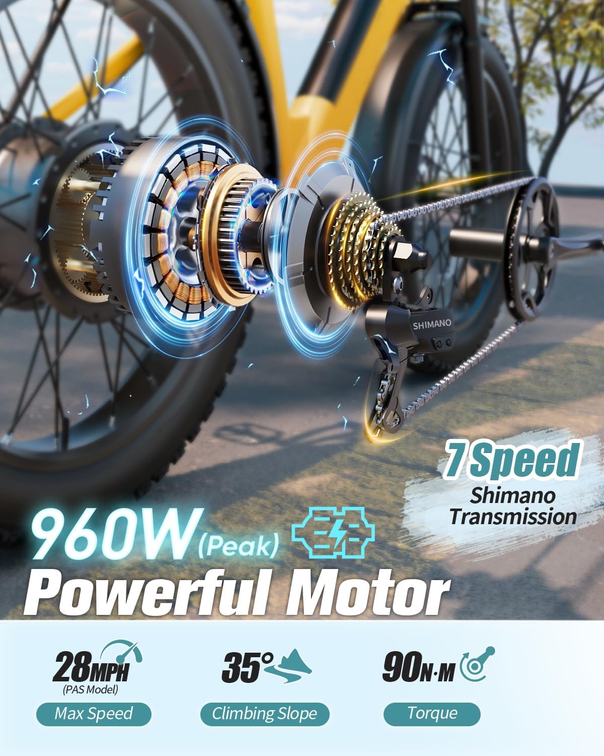 PUCKIPUPPY Electric Bike for Adults, 28MPH Commuter E-Bike, 48V 15AH Removable Battery Electric Bicycle, 7 Speed, All Terrain 26" Fat Tire Front Suspension, Up to 60 Miles, Samoyed