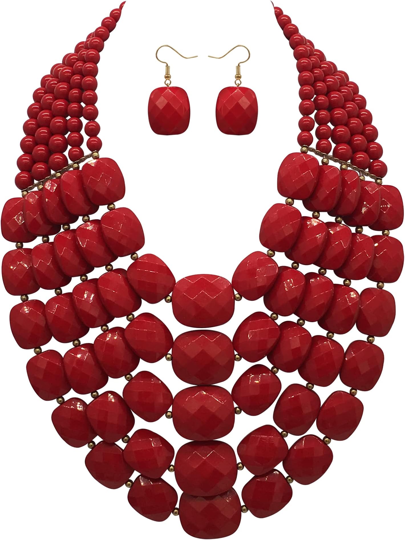 5 Layered Colorful Beaded Statement Chunky Necklaces For Women Fashion African Tribal Costume Jewelry Earring Set Multi Strand Bead Collar Choker Bib Handmade