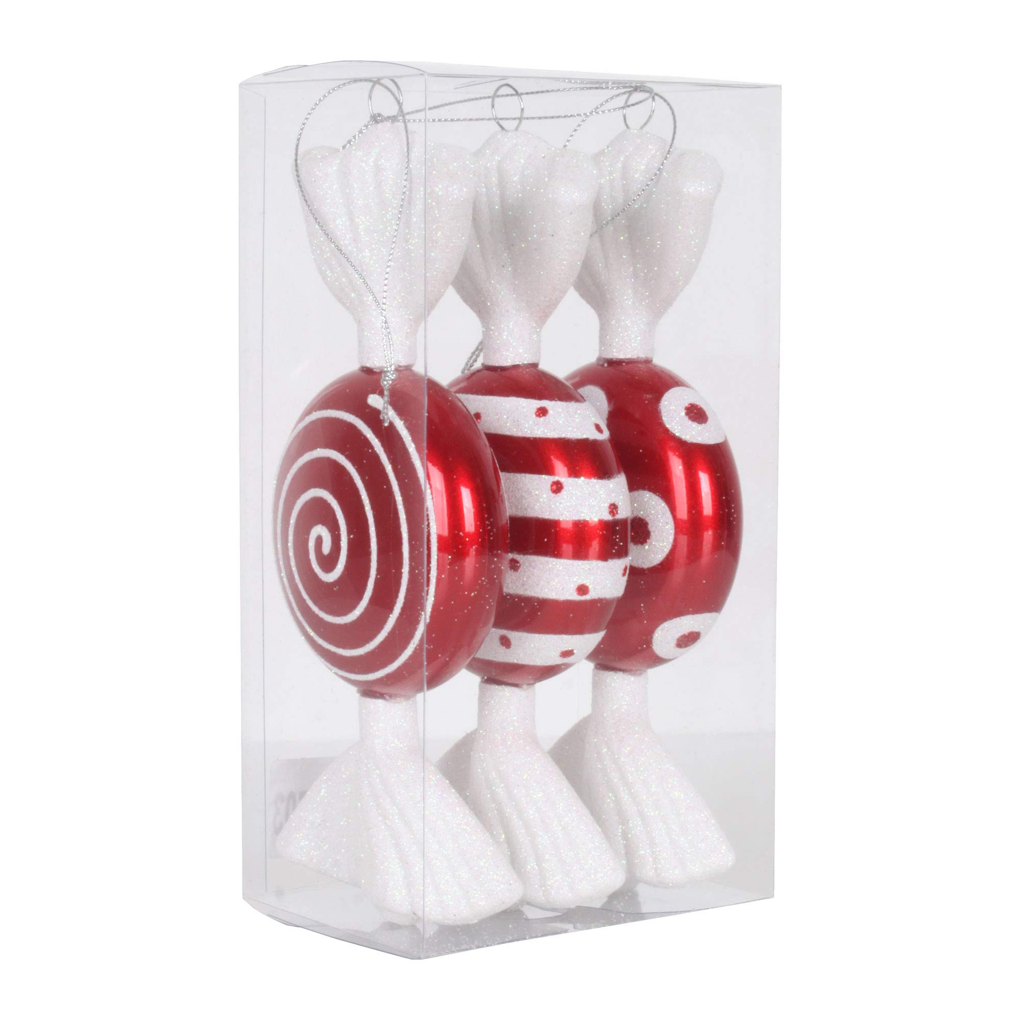Vickerman M152503 Flat Plastic Candy Iridescent Glitter with 3 Assorted/Clear PVC Box, 7", Red/White, Christmas