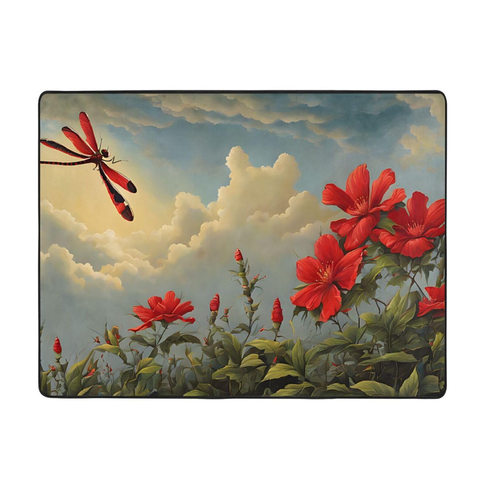 Tapis salon fleur de lotus et libellule 160x121cm antidérapant