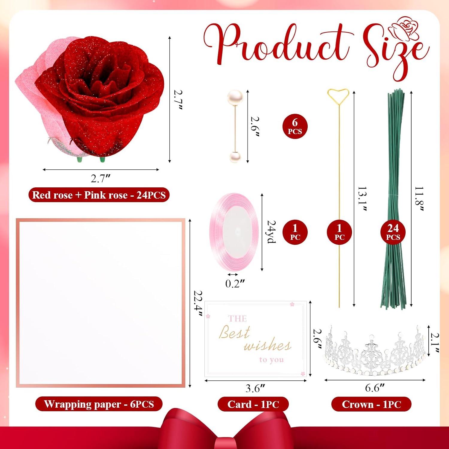 TLY Glitter Roses Bouquet Pink and Red Flower Bouquet DIY Fake Roses Flowers with Wrapping Paper Crowns Cards Artificial Rose Flowers for Valentines Day Mothers Day Anniversary Engagement Wedding - Image 2