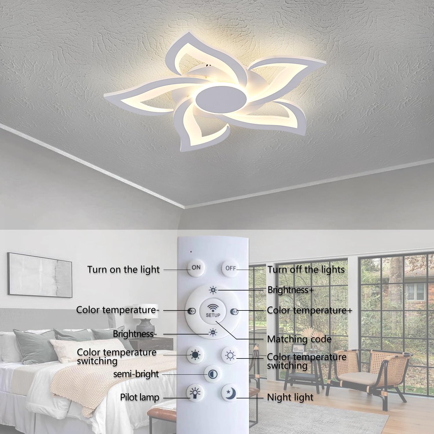 LED Ceiling Light with Remote, Modern Flush Mount Ceiling Light Fixtures, White 24" Flower Close to Ceiling Light Fixtures, 3000K-6000K Dimmable Ceiling Lamp for Bedroom, Kitchen, Dining room