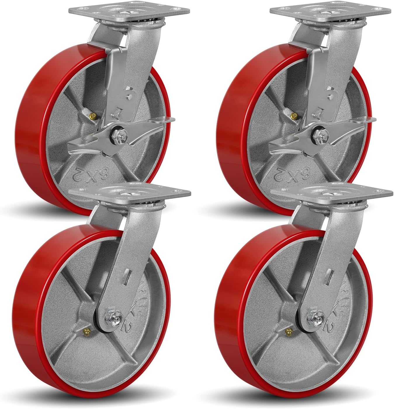 SY America 8" X 2" Caster Wheels - Heavy Duty Industrial Casters, Non-Marking Polyurethane on Silver Cast Iron Core Wheel, 2 Swivel Top Lock Brake & 2 Swivel,6000 lbs Capacity Set of 4