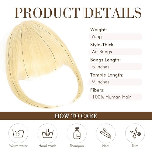 Miniatura 2 de REECHO Flequillo con clip, extensiones de cabello 100% humano con clip, flequillo de aire rubio, flequillo falso con sienes, para uso diario, rubio
