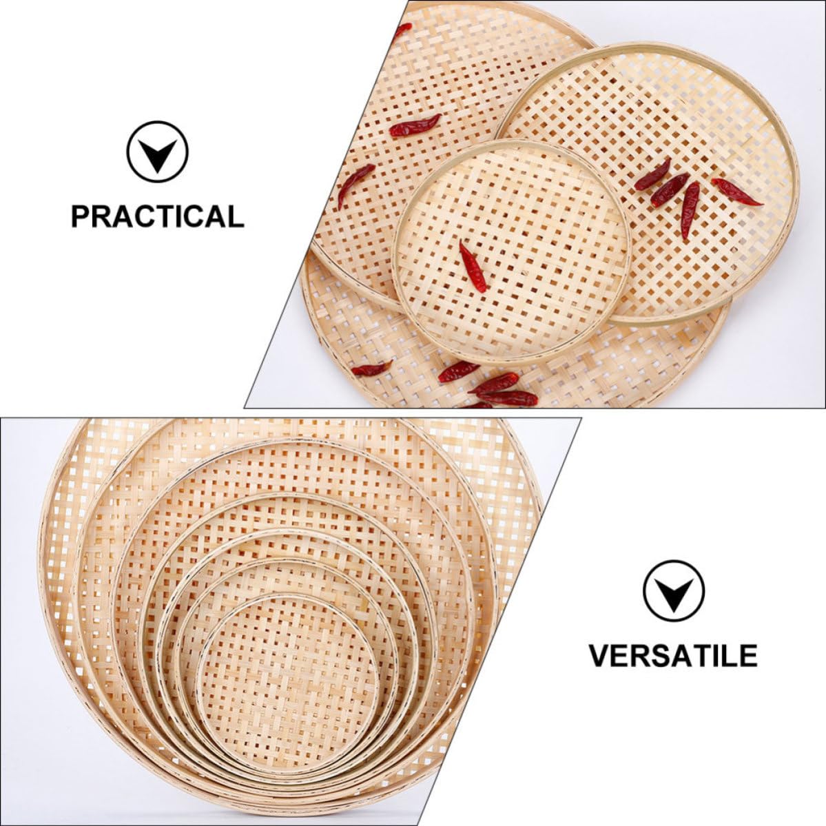 Cesti in Bambù Intrecciati Artigianalmente 2 Pezzi, Forma Rotonda, Tessitura Artistica Naturale, per Cucina e Decorazione Casa Fattura