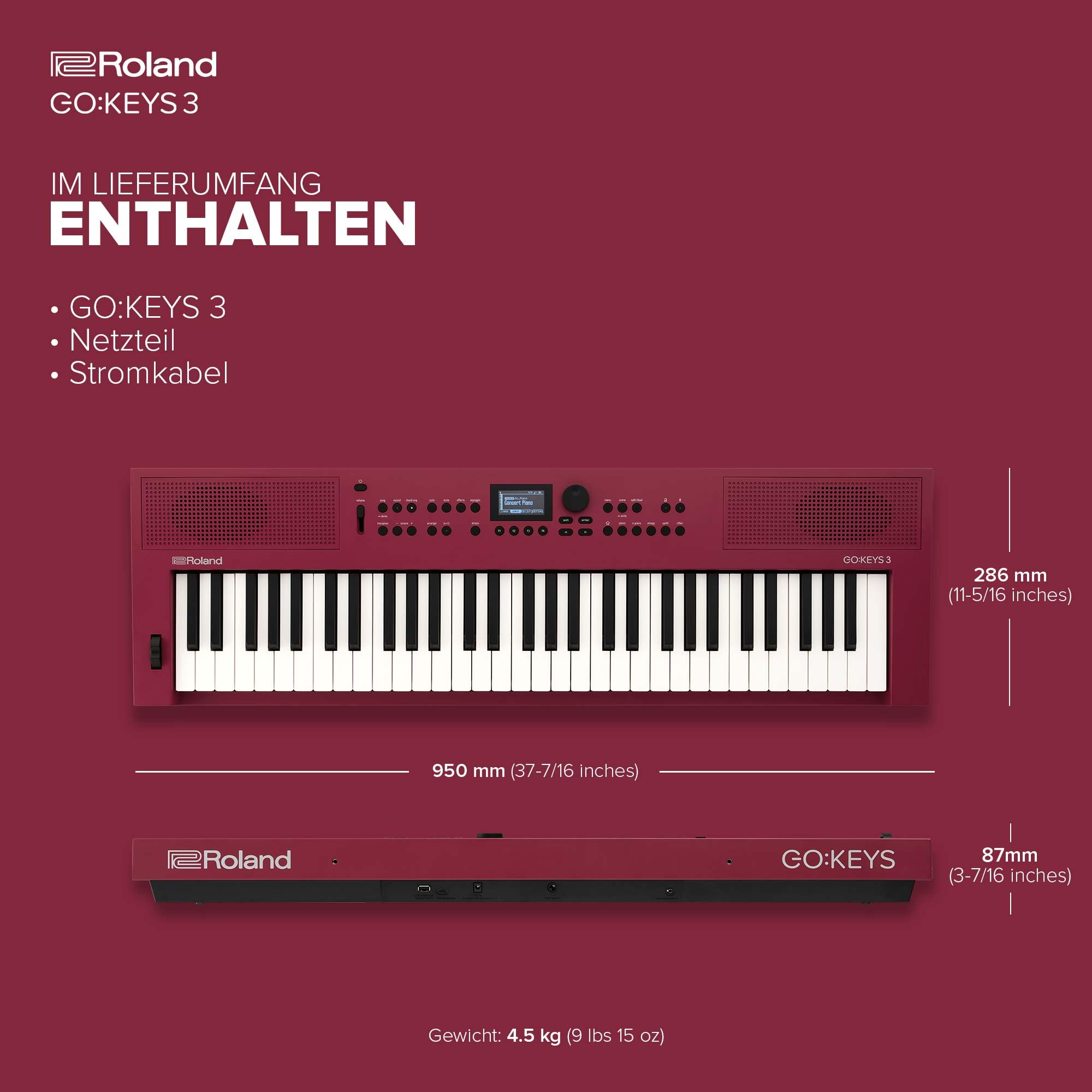 Roland GO:KEYS 3 Music Creation Keyboard | 61 Tasten | ZEN-Core Engine mit über 1000 internen Sounds | Integrierte Stereolautsprecher | Bluetooth Audio/MIDI für Musikstreaming - Dark Red