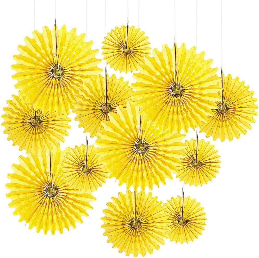 Fun Express - Yellow Tissue Hanging Fans Assort (1dz) - Party Decor - Hanging Decor - Tissue - 12 Pieces