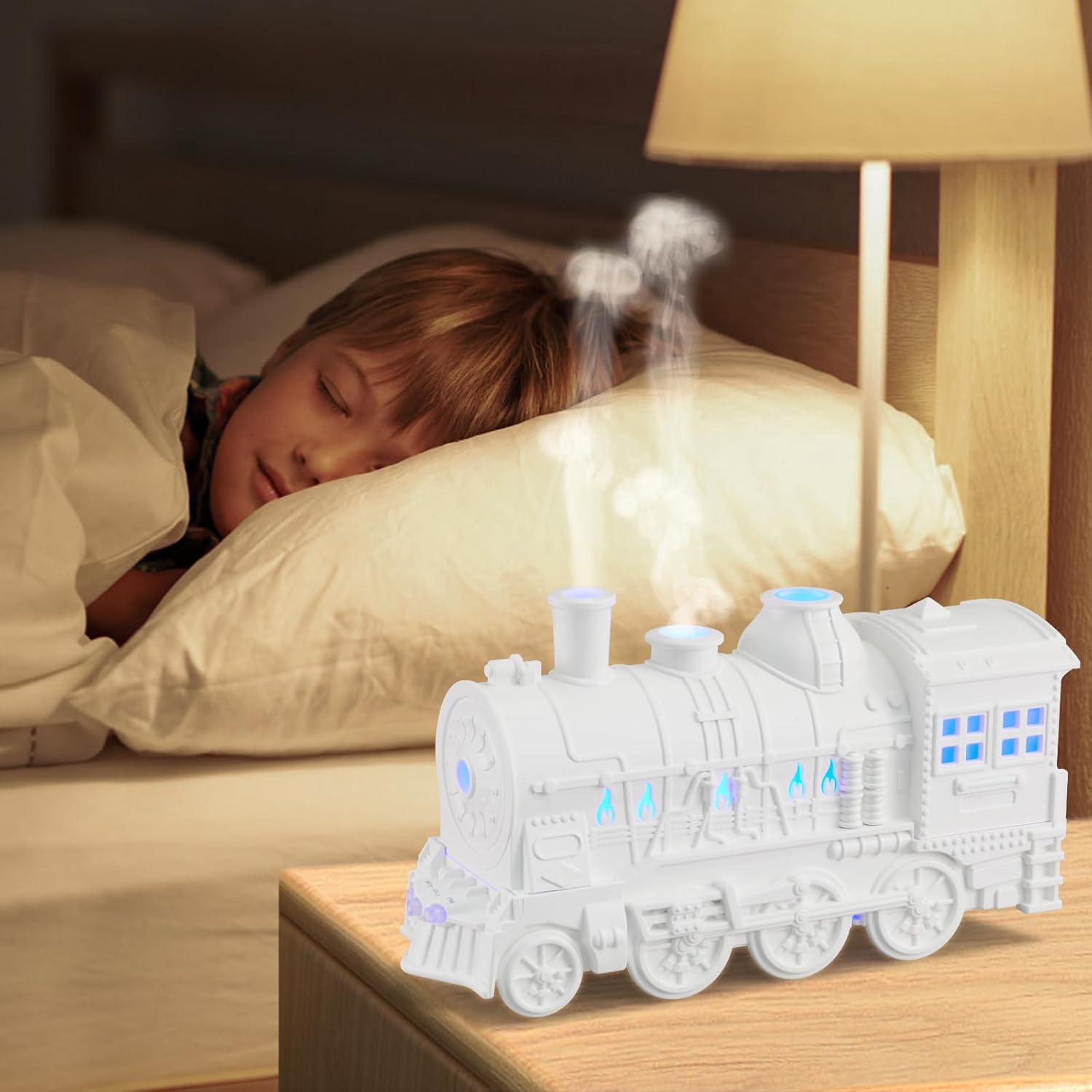 Humidifiers for Bedroom, Cool Quiet Steam Train Looking Mist Air Humidifier Diffuser for Home Baby Nursery & Plants and Auto Shut-off. (White)