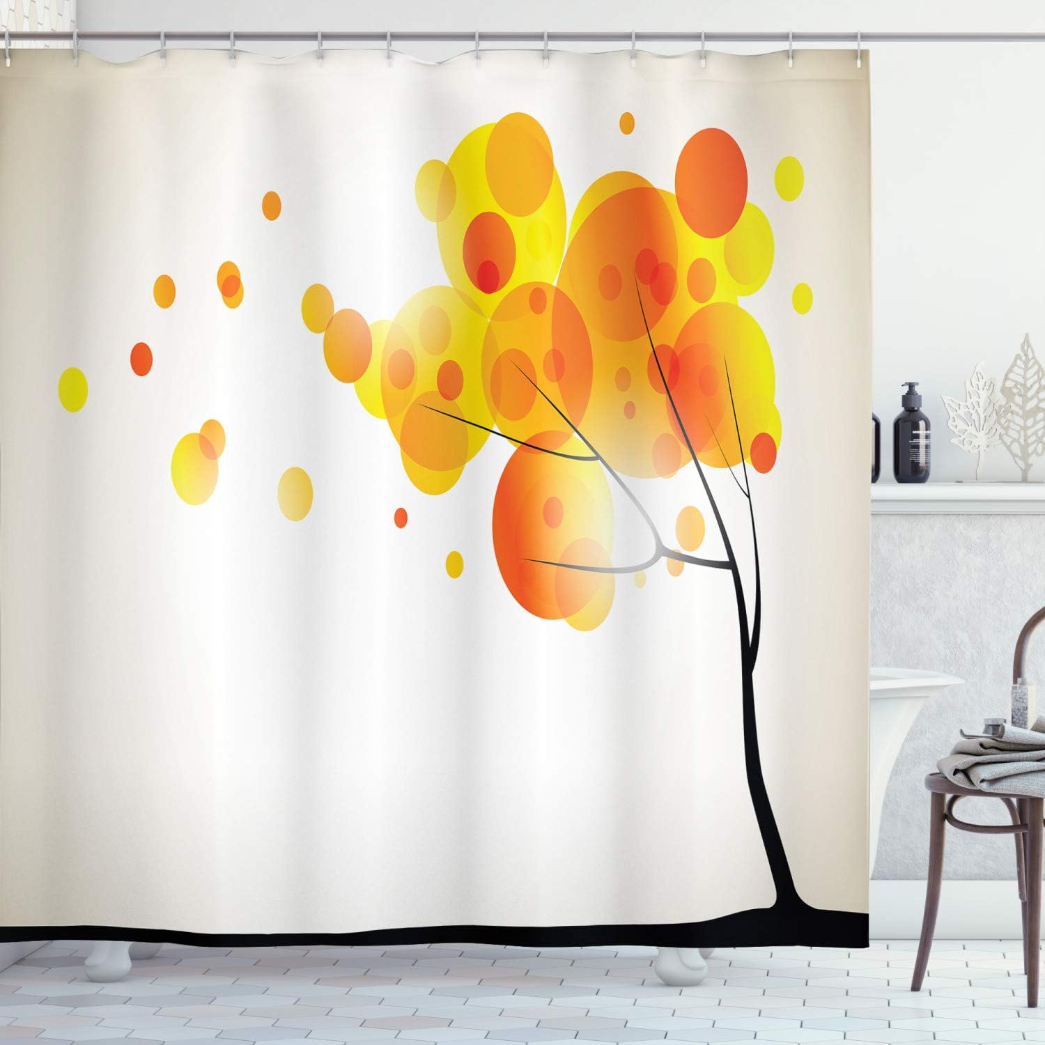 Ambesonne Abstract Shower Curtain, Modern Tree Sun Autumn Themed Vibrant Image Art Print, Cloth Fabric Bathroom Decor Set with Hooks, 69" W x 70" L, Yellow Orange and Black