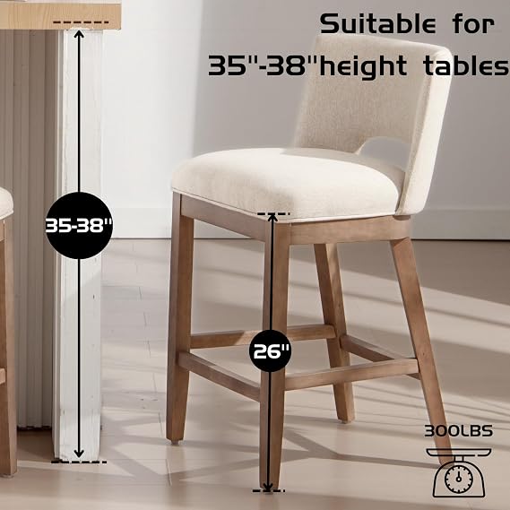Beige Bar Stools Set of 2, 26 Farmhouse Counter Height Barstools, Linen Upholstered Armless Barstools with Open Back for Kitchen Island/Breakfast Bar/Home Pub