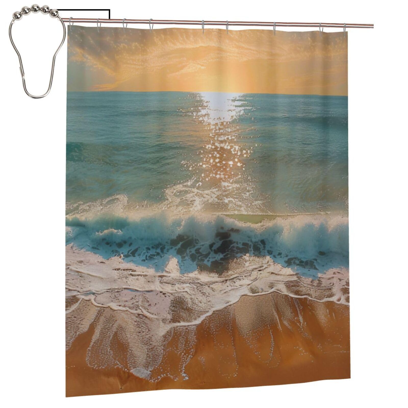 BWWHCCTI Romantic Beach Printed Shower Curtain With 12 Iron Hooks Opaque Quick Drying Waterproof Shower Curtains Sets For Bathroom 152x183 Cm