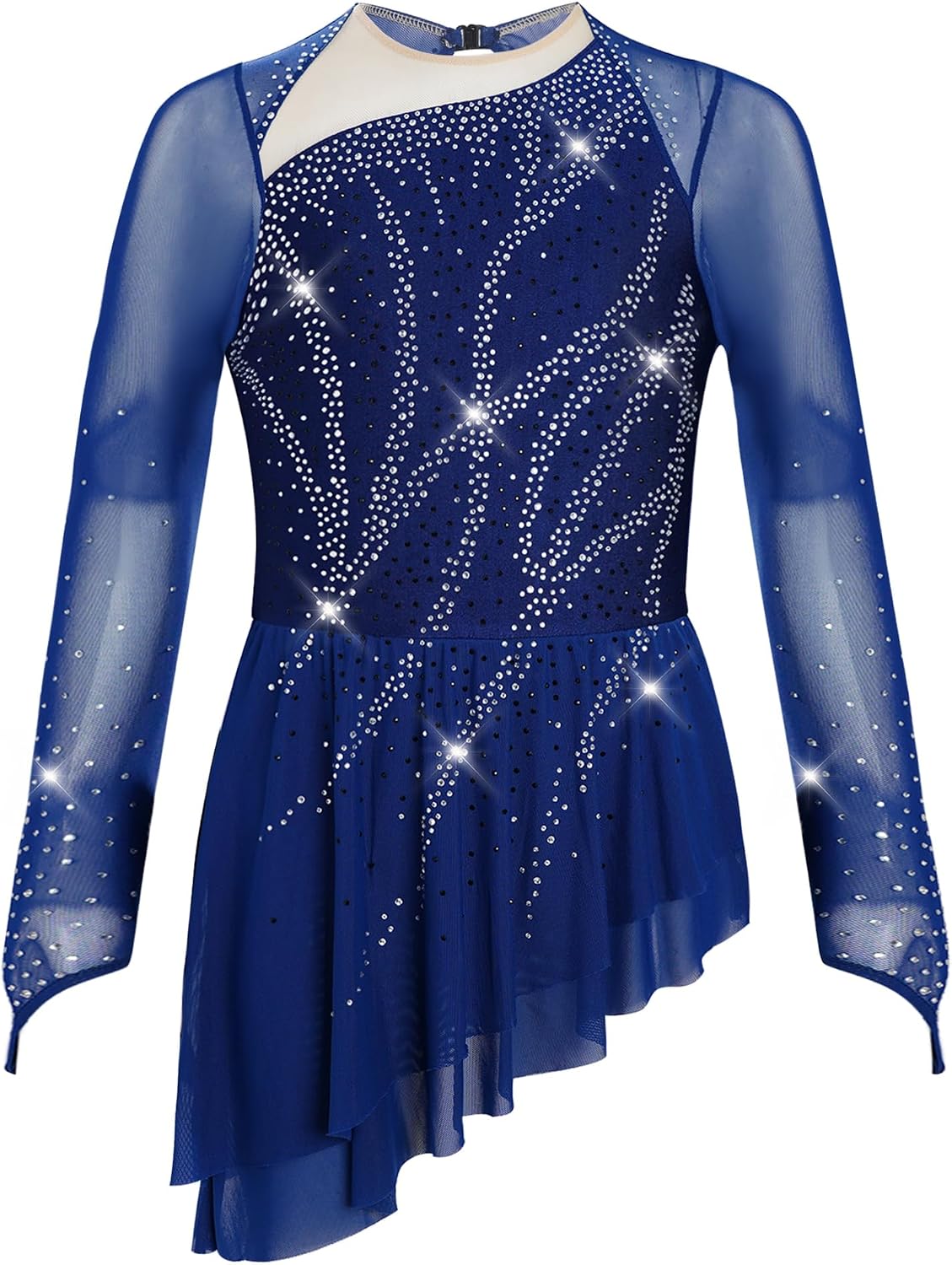 Agoky Kids Girls Shiny Long Sleeve Figure Skating Dress Ice Skating Asymmetrical Skirt for Performance Competition