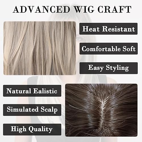 Miniatura 3 de Peluca negra con flequillo, pelucas rectas de longitud media natural para mujer, pelucas sintéticas de fibra resistente al calor para uso diario