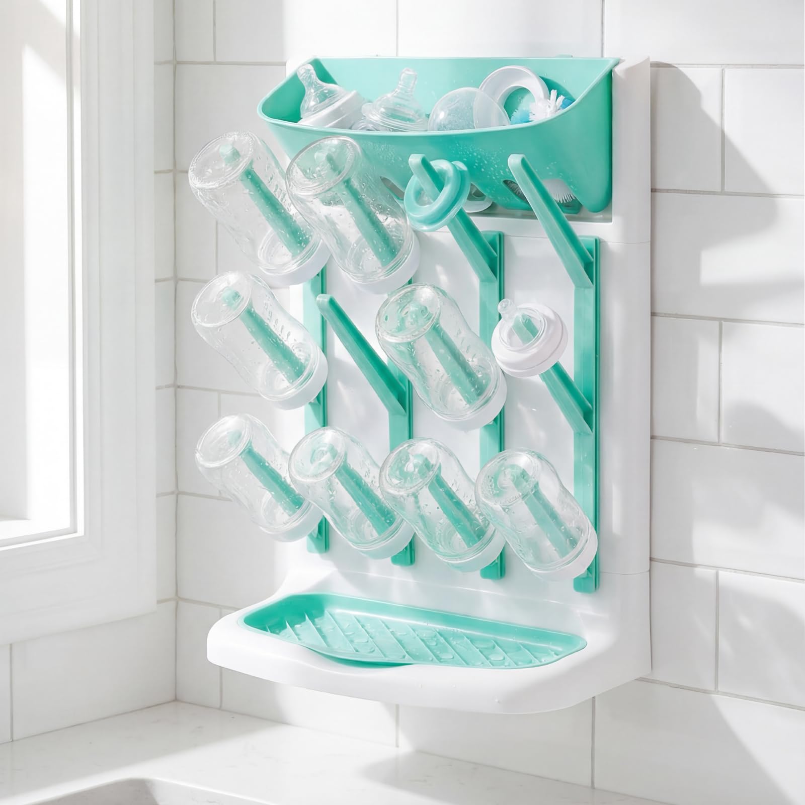 Baby Bottle Drying Rack with 2 Suction Cups, Vertical Standing Bottle Dryer Rack Holder, Detachable Drip Tray, Holds Up to 12 Bottles & Accessories, Countertop Organizer (grey) — view 8