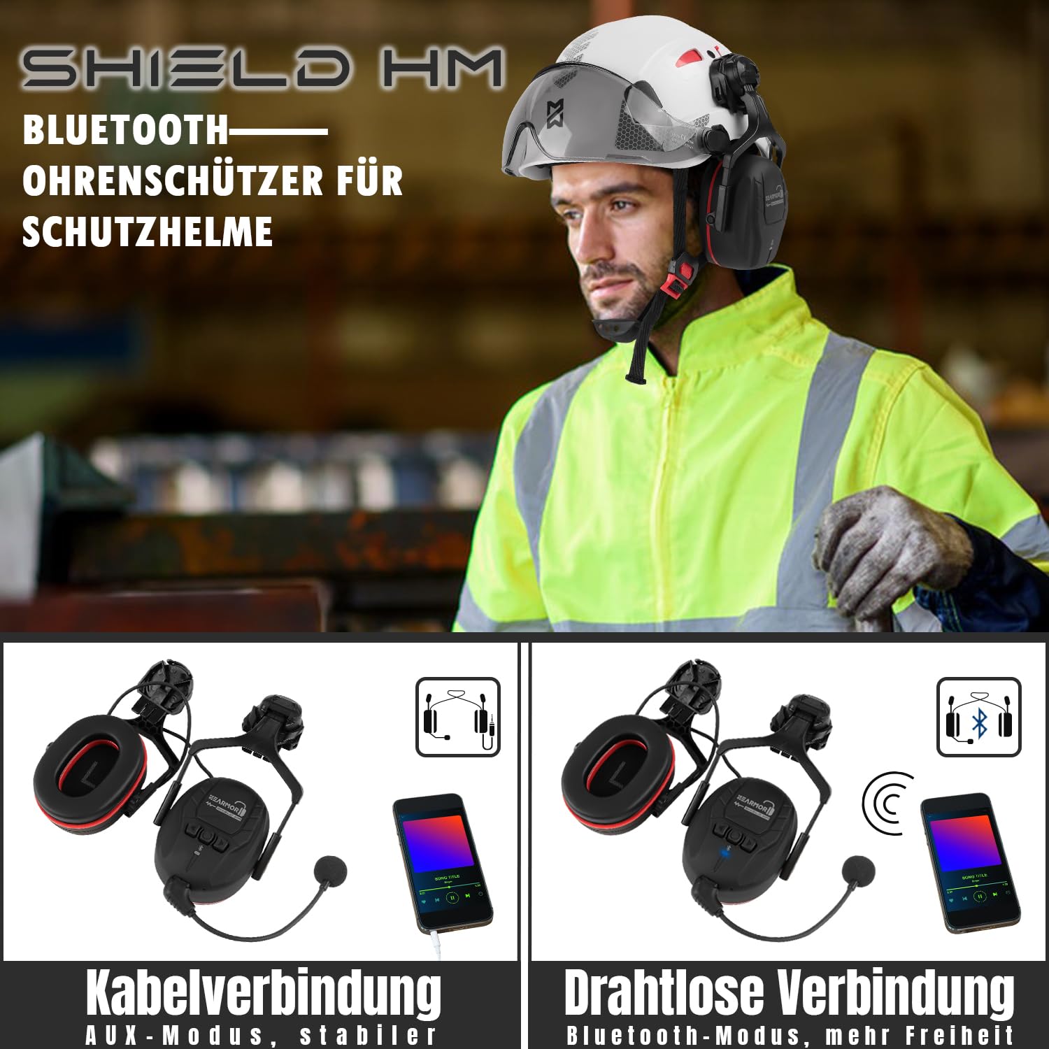 HEARMOR Bluetooth Hartschalen-Gehörschutz, SNR 32dB Lärmschutz, am Helm befestigter Gehörschutz für Mäharbeiten und lärmintensive Arbeiten