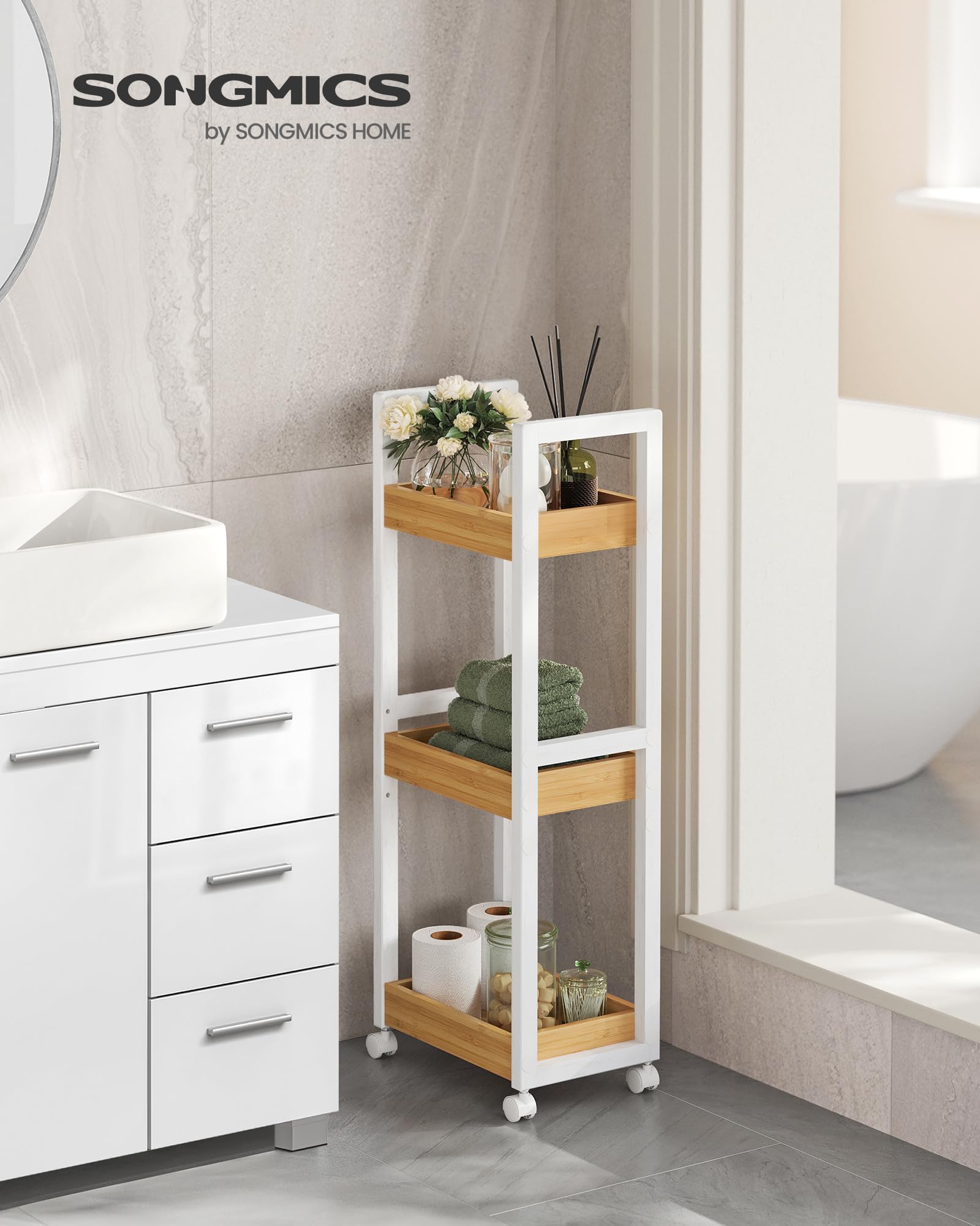 SONGMICS Carrellino Salvaspazio, Carrello Bagno, Mobiletto Bagno Stretto a 3 Ripiani con Ruote, Bambù, 20 x 30 x 80 cm, Bianco e Naturale BCB083N02