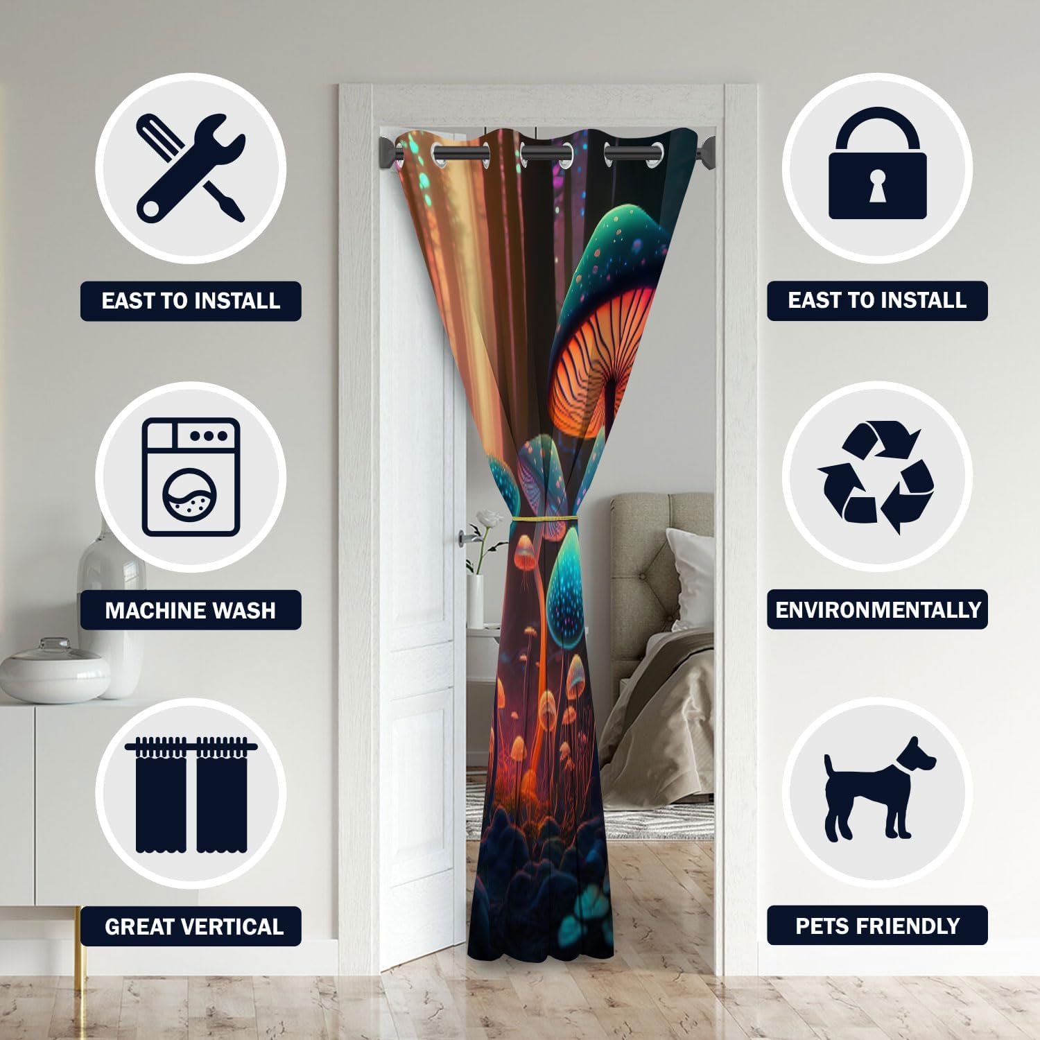 Fantasy Mushroom Door Curtains for Doorways, Colorful Hippie Plant Woodland Blackout Curtain for Kids Bedroom Closet, Grommet Thermal Insulated Privacy Door Drapes for Room Divider, 34"W x 80"L