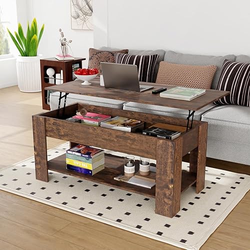 Miniatura 9 de PayLessHere Mesa auxiliar elevable con compartimento oculto y estante de almacenamiento, mesa de comedor de madera para sala de estar y hogar