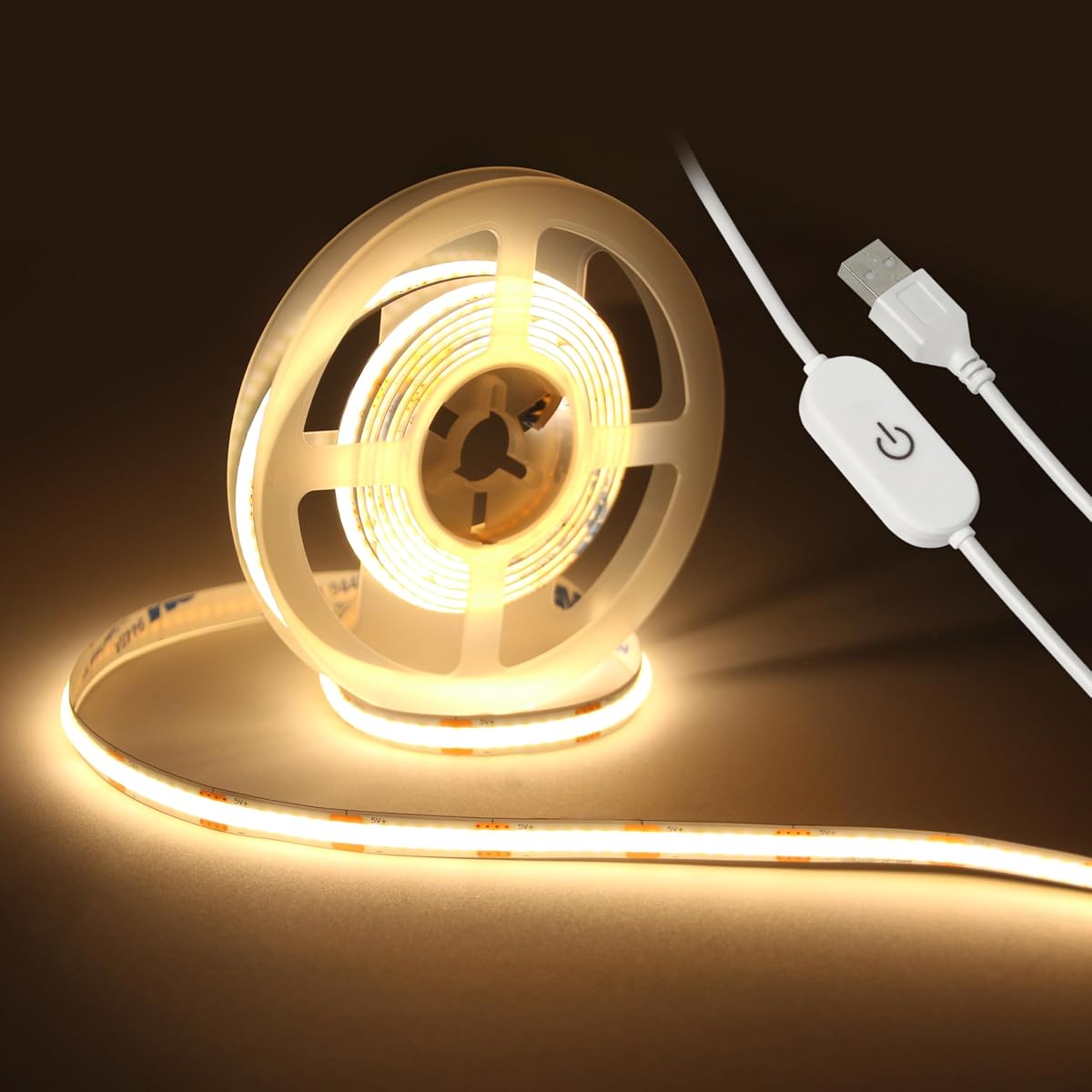 LED Strip Lights, COB Touch Dimmable 5V USB 3000K Warm White (6.56ft/2m) | 640 LEDs, Touch Stepless COB LED Strip, 10W Flexible, Bedroom Kitchen DIY Lighting Room Decor TV Lights