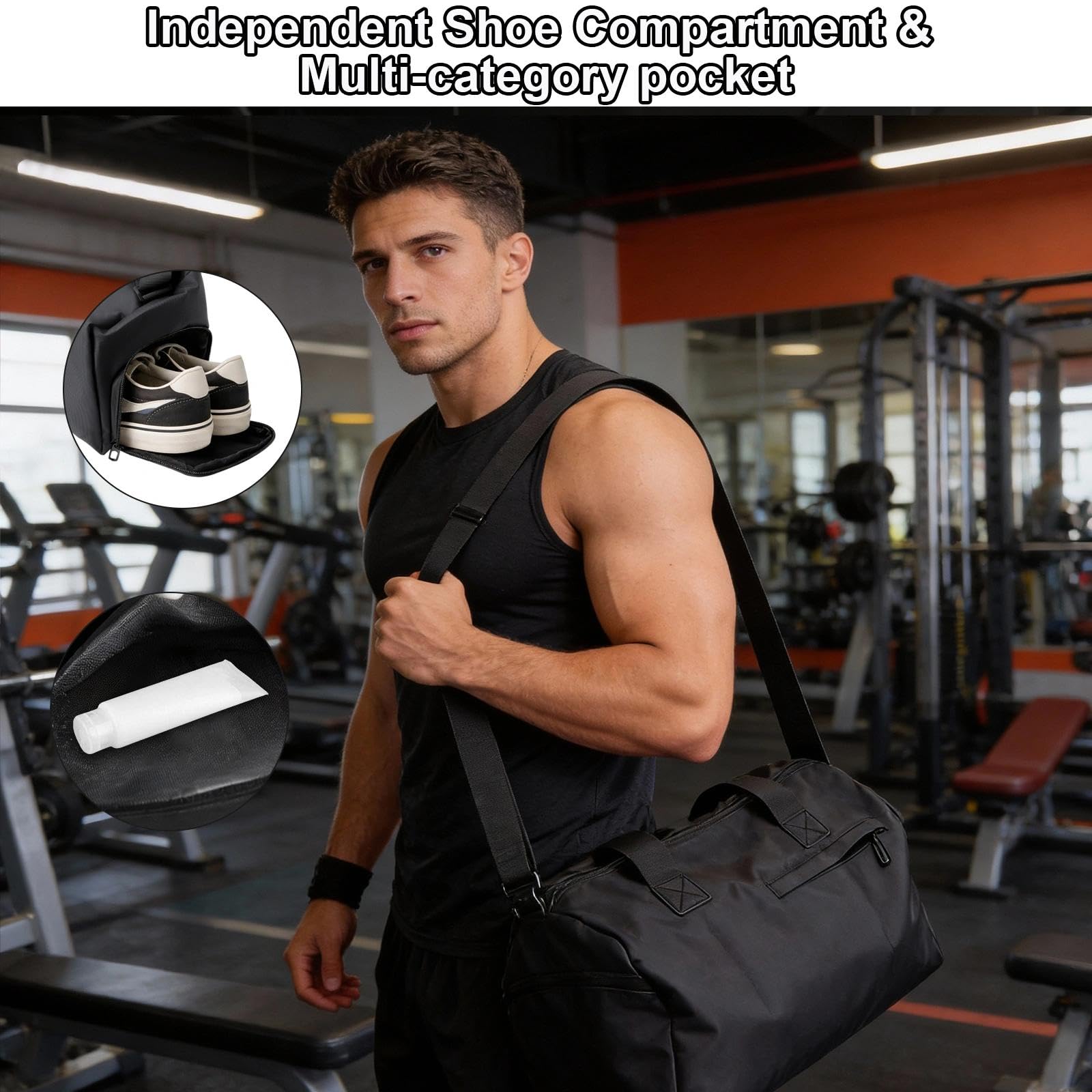 Bolsa de deporte unisex con compartimento húmedo y seco, compartimento para zapatos y múltiples bolsillos, incluye mosquetón blanco, para gimnasio, viajes, natación, color negro
