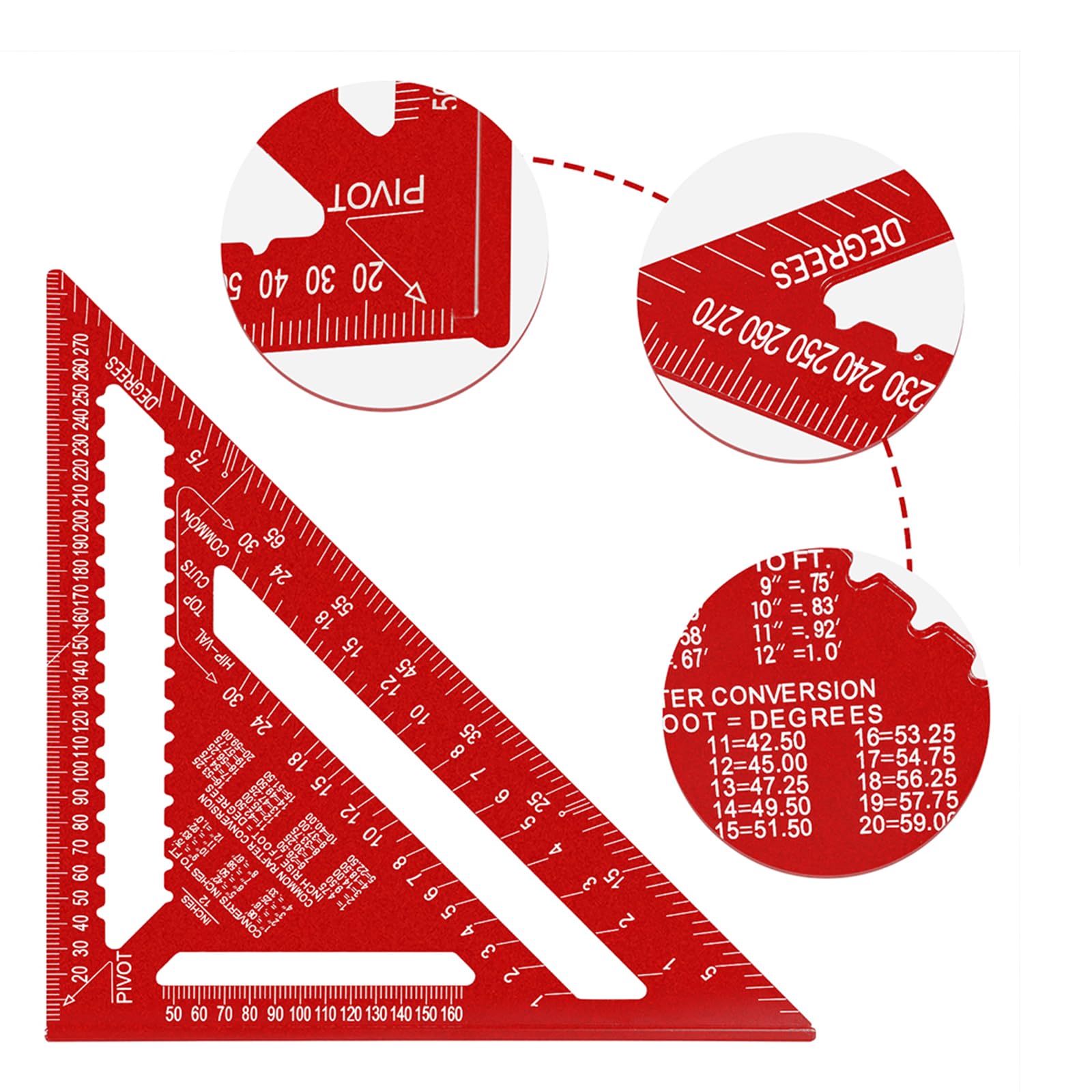Beslands Rafter Square Metric 12 inch & 7 inch Set Squares, Aluminum Carpenters Roofing Square, Woodwork Tool, Triangle Ruler(Red) - Image 3