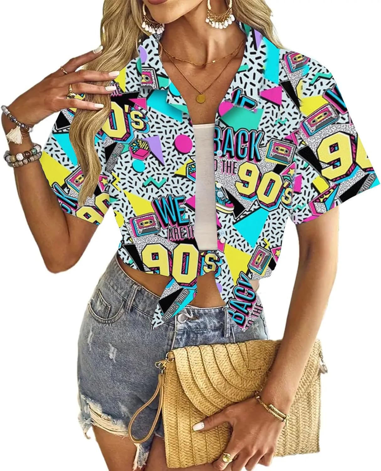 80s 90s Outfits for Women 80s Party Themed Outfit Shirt Retro 80s Neon Disco Costume Hawaiian Button Down Blouse Tops