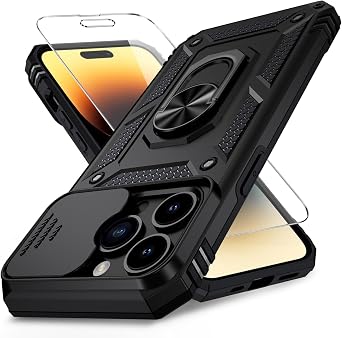Vinve for iPhone 14 Pro Max Case with Slide Lens Cover HD Screen Protector, Military Grade Drop Protection, Magnetic Rotated Ring Holder Kickstand Protective Phone Case Black