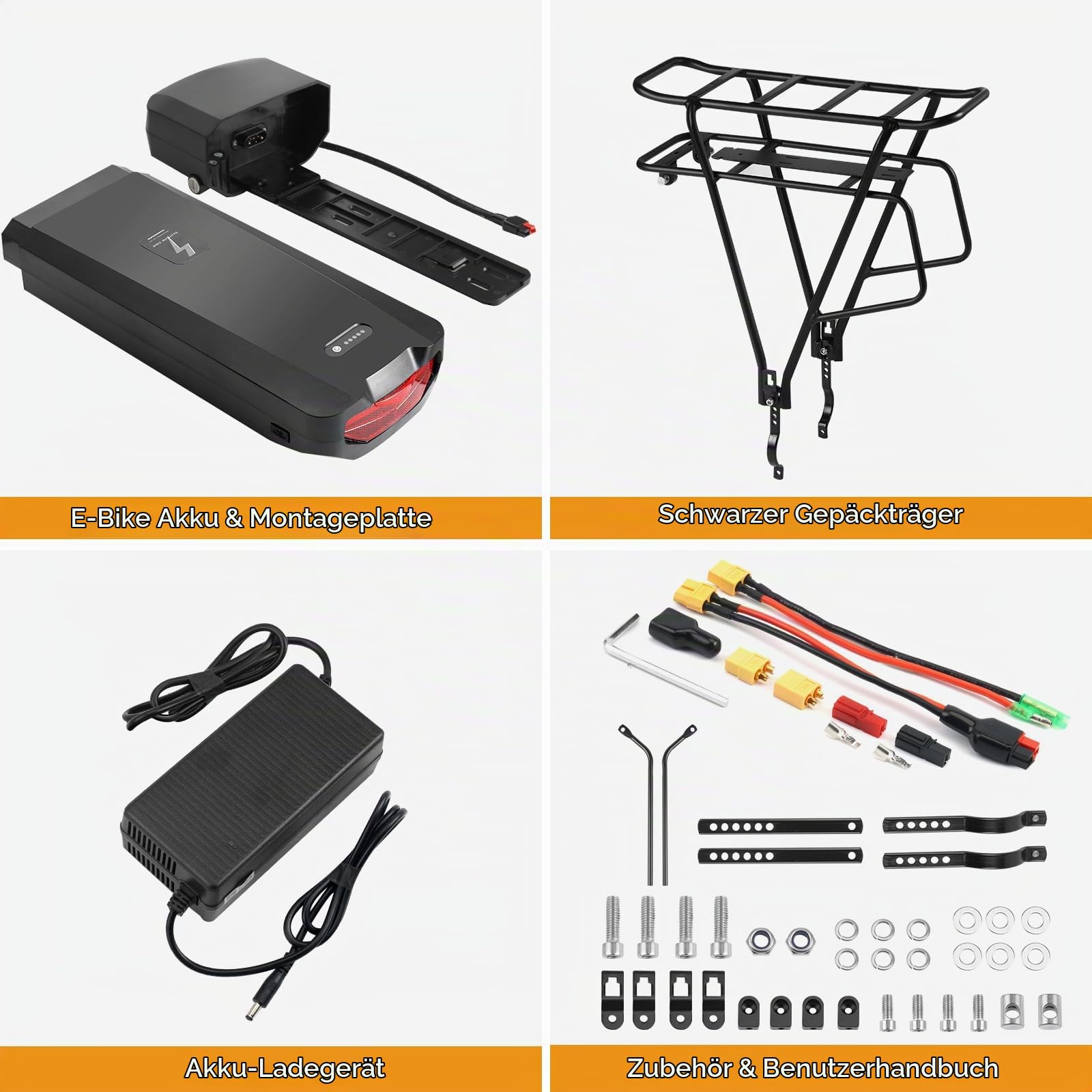 Gepäckträger Ebike-Akku, 36V 48V 52V 15AH 17.5AH Lithinum-Ionen Ebike Batterie Pedelec Akku mit Ladegerät, Rücklicht, Safe Lock für Elektrofahrrad
