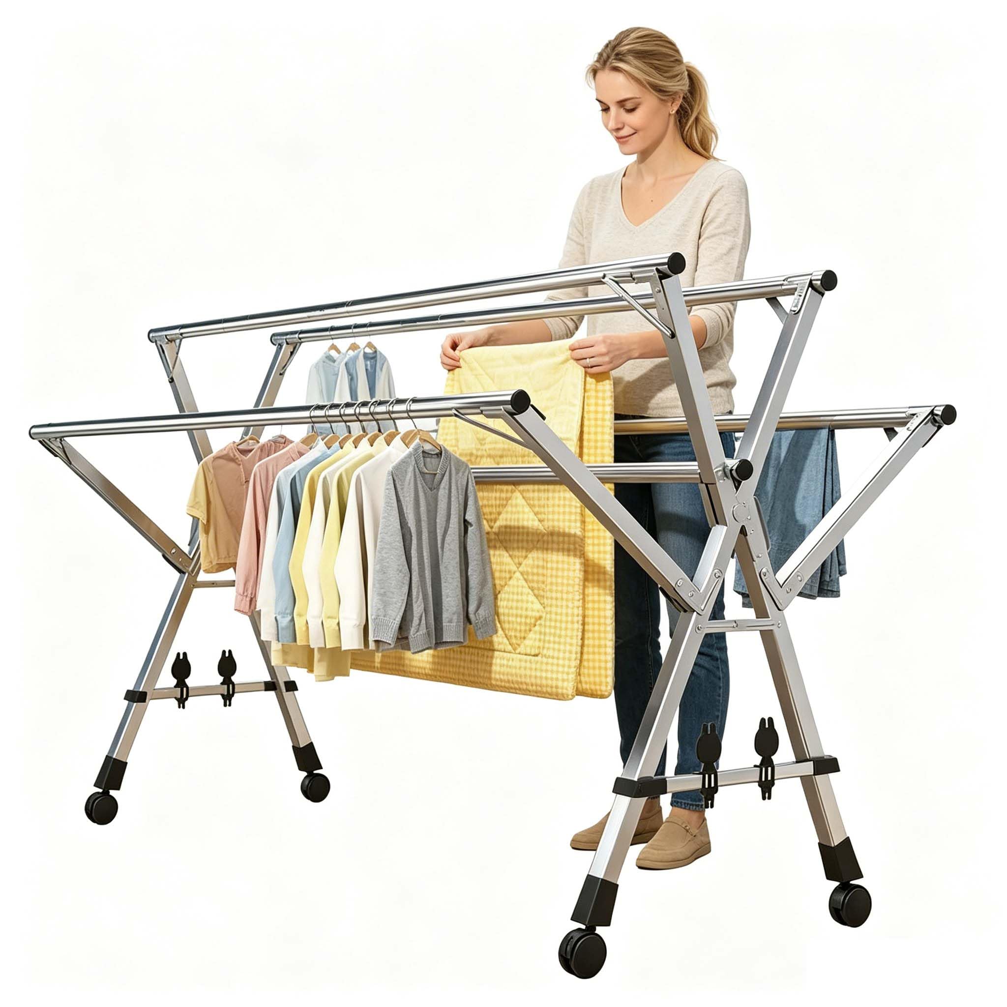 YSUEFIJO Foldable Adjustable Clothes Drying Rack with Wheels, Stainless Steel Expandable Garment Rack for Closet Organization, Space Saving Laundry Hanger for Shirts Pants Jackets Storage